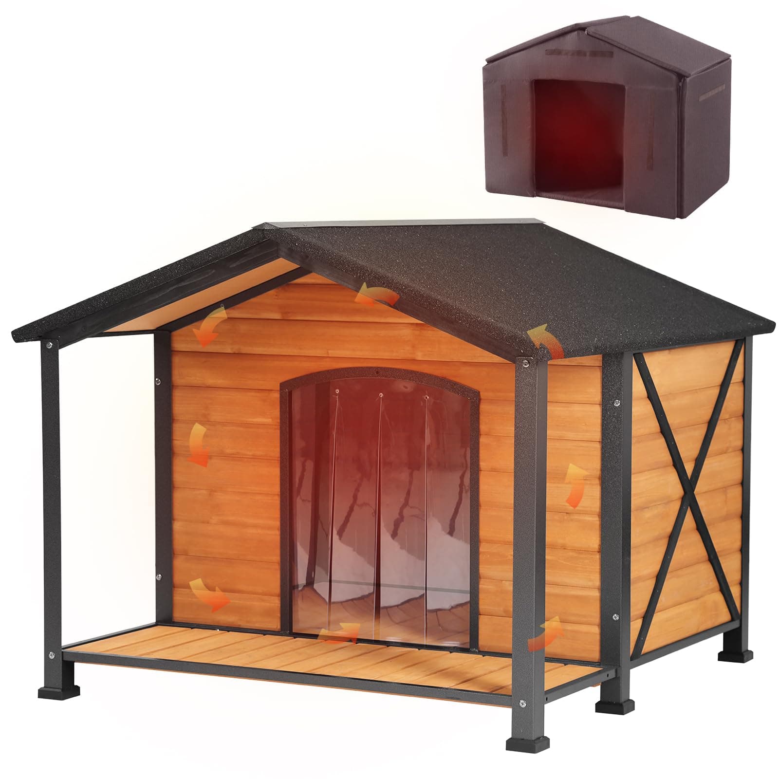 Dog House Outdoor Large Insulated Dog Kennel with Liner for Winter Waterproof Dog Cage for Small & Medium & Large Dogs,Unique All-Around Iron Frame