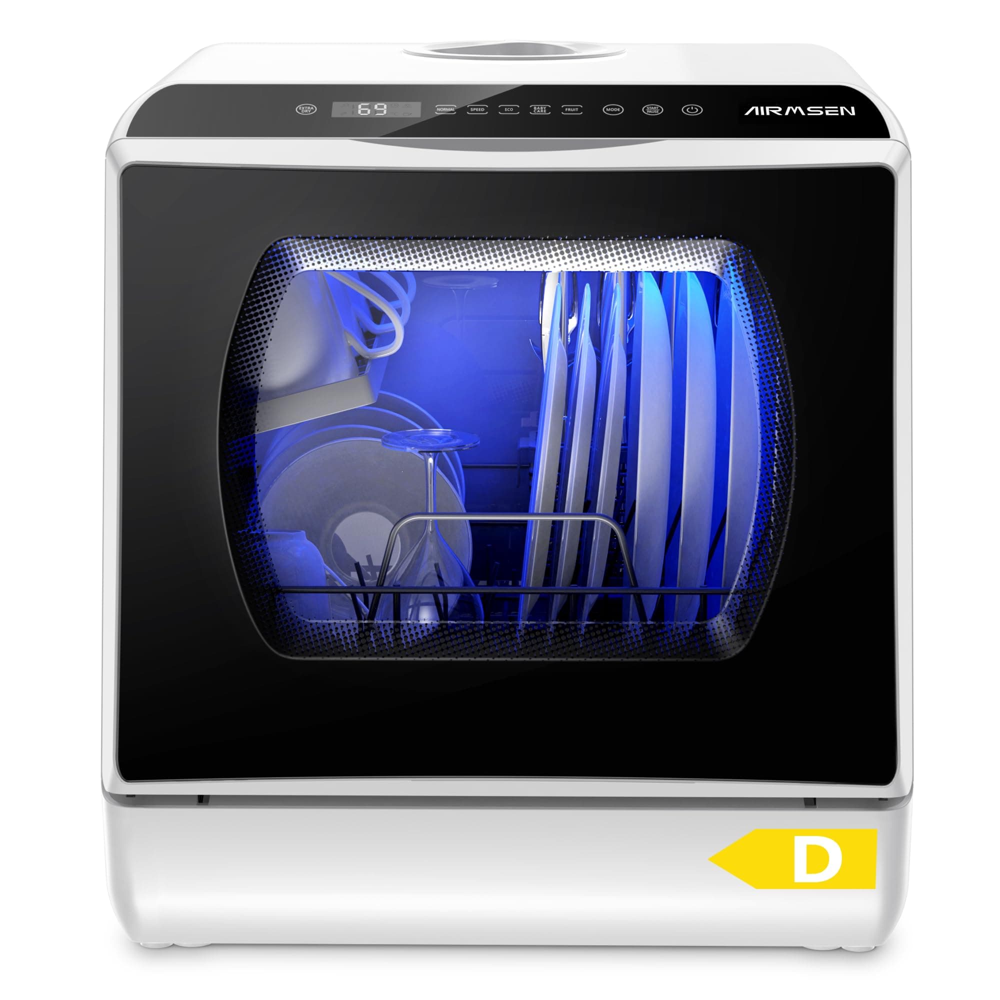 AIRMSEN Tischgeschirrspüler, Mini Geschirrspüler mit 5+1 Programme & 5L Wassertank, 2 Wege Wasserversorgung, Touch Control & LED-Display, Geeignet für Hausküchen, Wohnungen, Schlafsäle (Weiß&Schwarz)