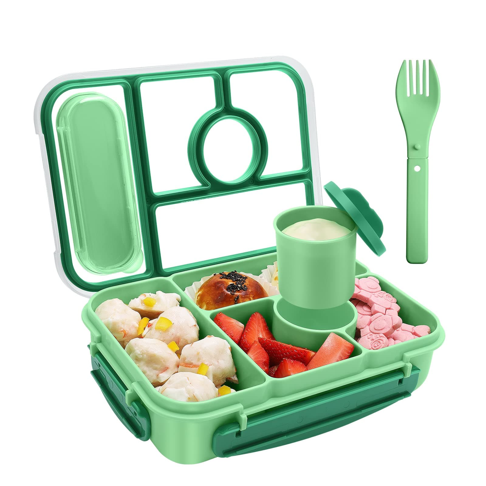Amathley Bento Box Adult Lunch Box Kids,Lunch containers for Adults/Kids/Toddler,5 Compartments bento Lunch Box for Kids with Sauce Vontainers,Microwave & Dishwasher & Freezer Safe (Green)