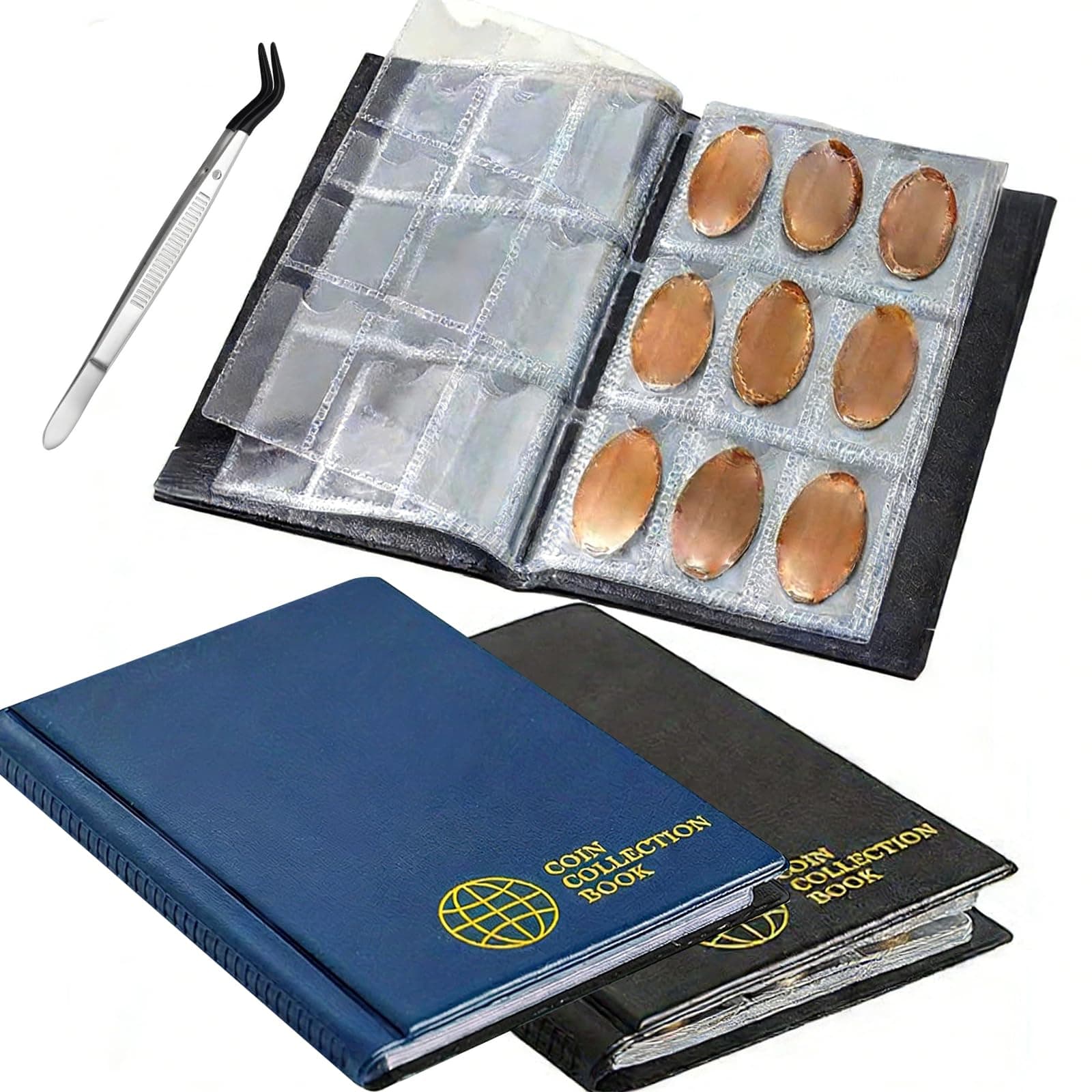 【2-Book Set】 Pressed Penny Collector Album with Silicone Tweezer, Holds 216 Elongated Coins Total (108 per Book), Black & Blue Souvenir Coin Organizer for National Parks, Travel Memories