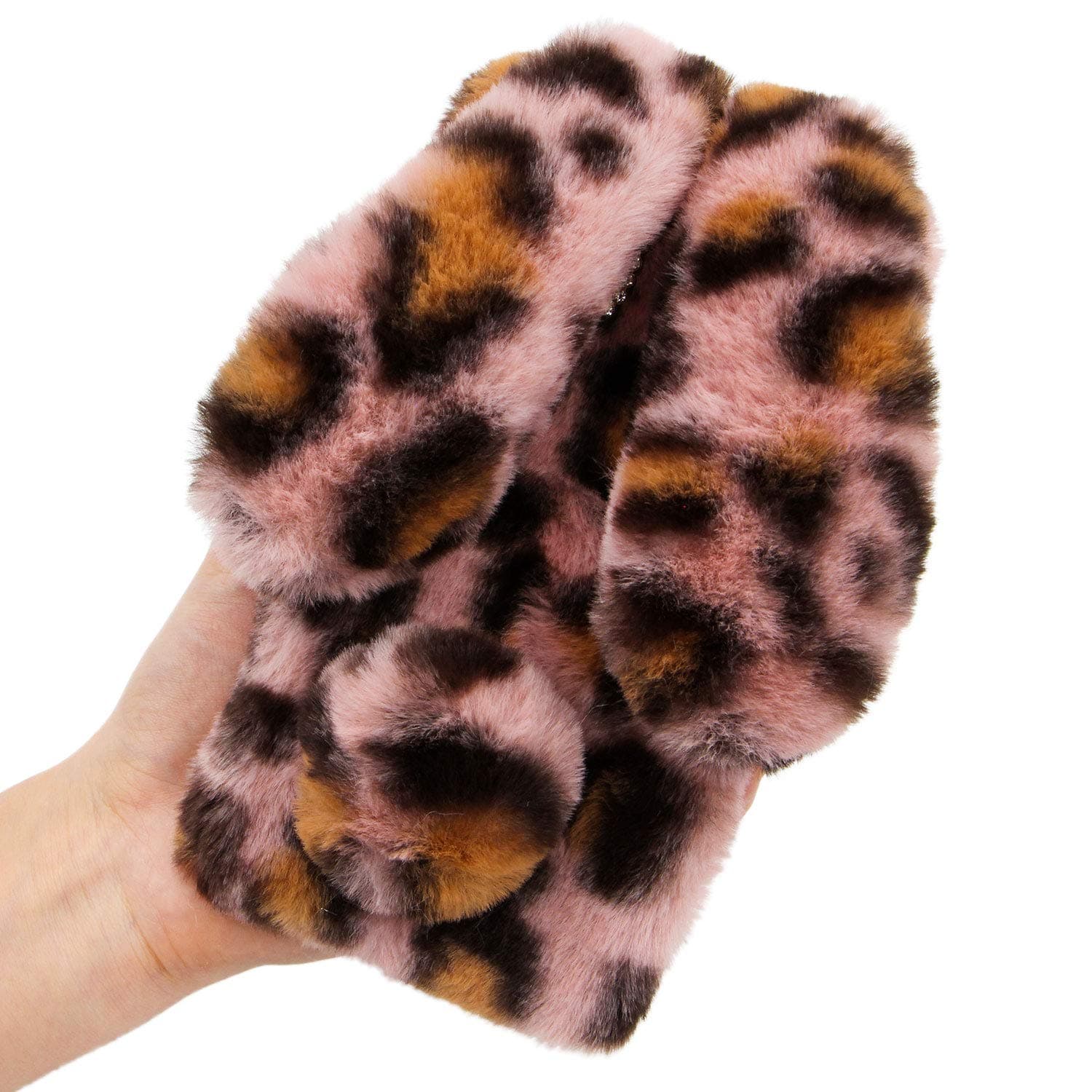 LCHDA Rabbit Case for Samsung Galaxy S23 Ultra 5G, Cute 3D Bunny Ears Soft Furry Hairball Fuzzy Warm Faux Fur Plush Fluffy Flexible TPU Bumper Women Girls Protective Skin Cover - Leopard Pink