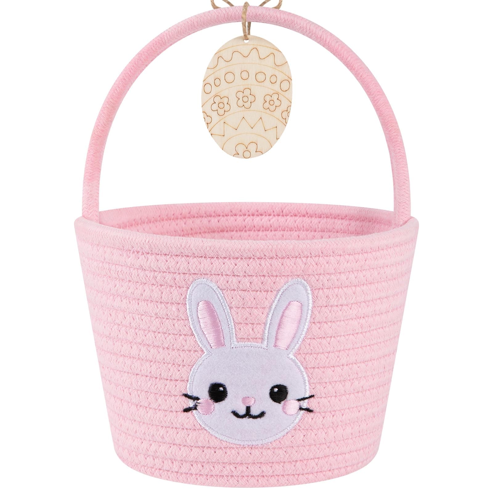 OIAHOMY Gift Basket with Handle, Personalized Baby Basket for Kids, Woven Rope Gift Empty for Toys, Baby Treasure Hunt Baskets with Wooden Card for Boys and Girls - Pink & White