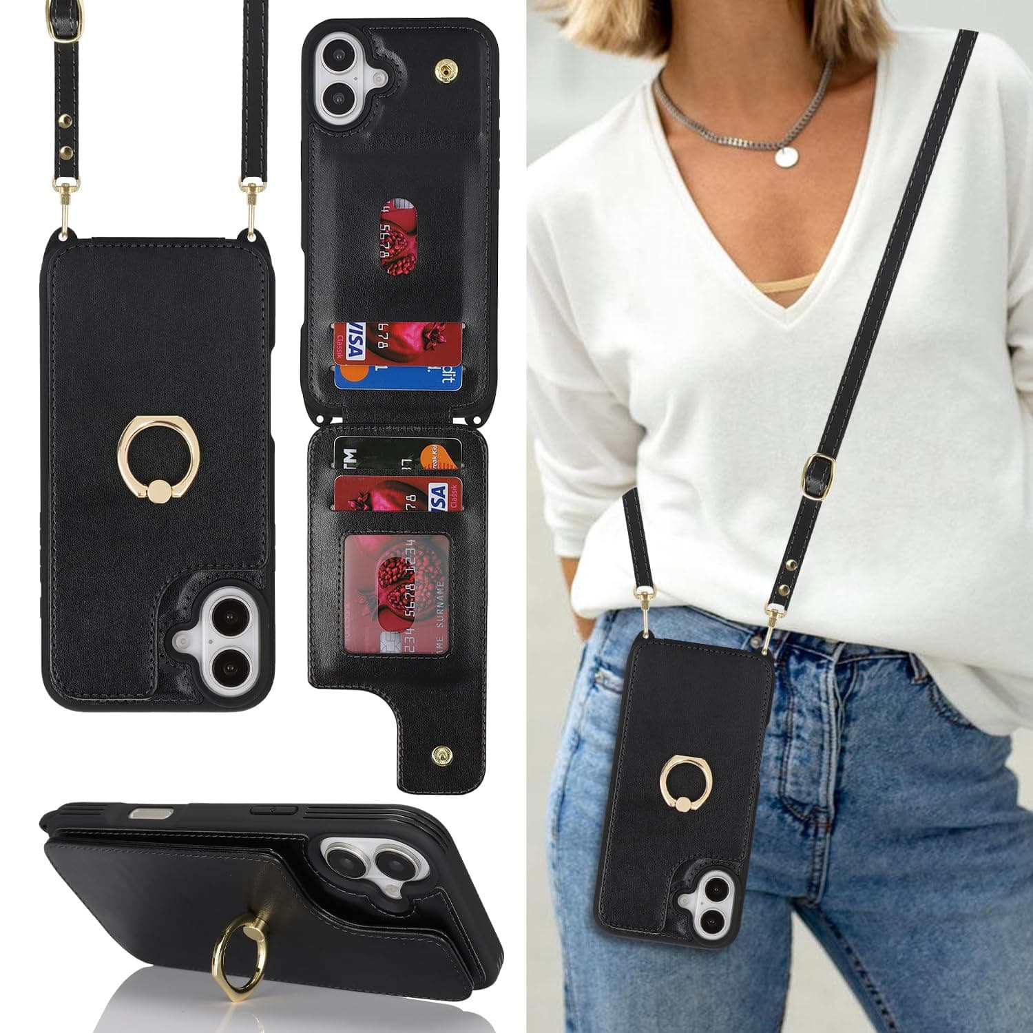Lipvina Crossbody Wallet for iPhone 16 Case with Strap-Black