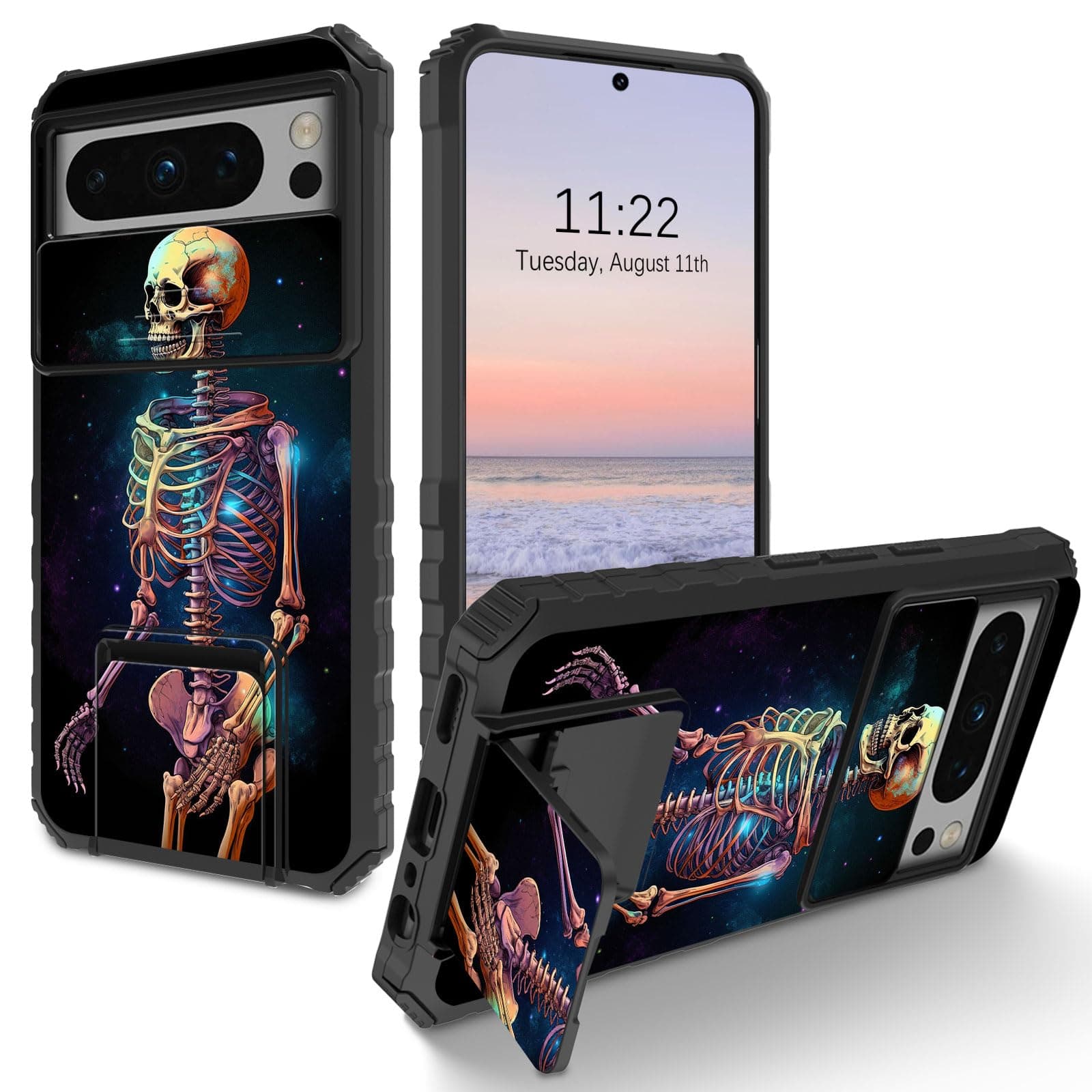 Qindaiwen for Google Pixel 8 Pro Case with Slide Camera Cover+Kickstand, [Military Drop Protection], Full Protective Hard Back and Soft Edge Phone Case for Pixel 8 Pro 6.7", Skull Stand