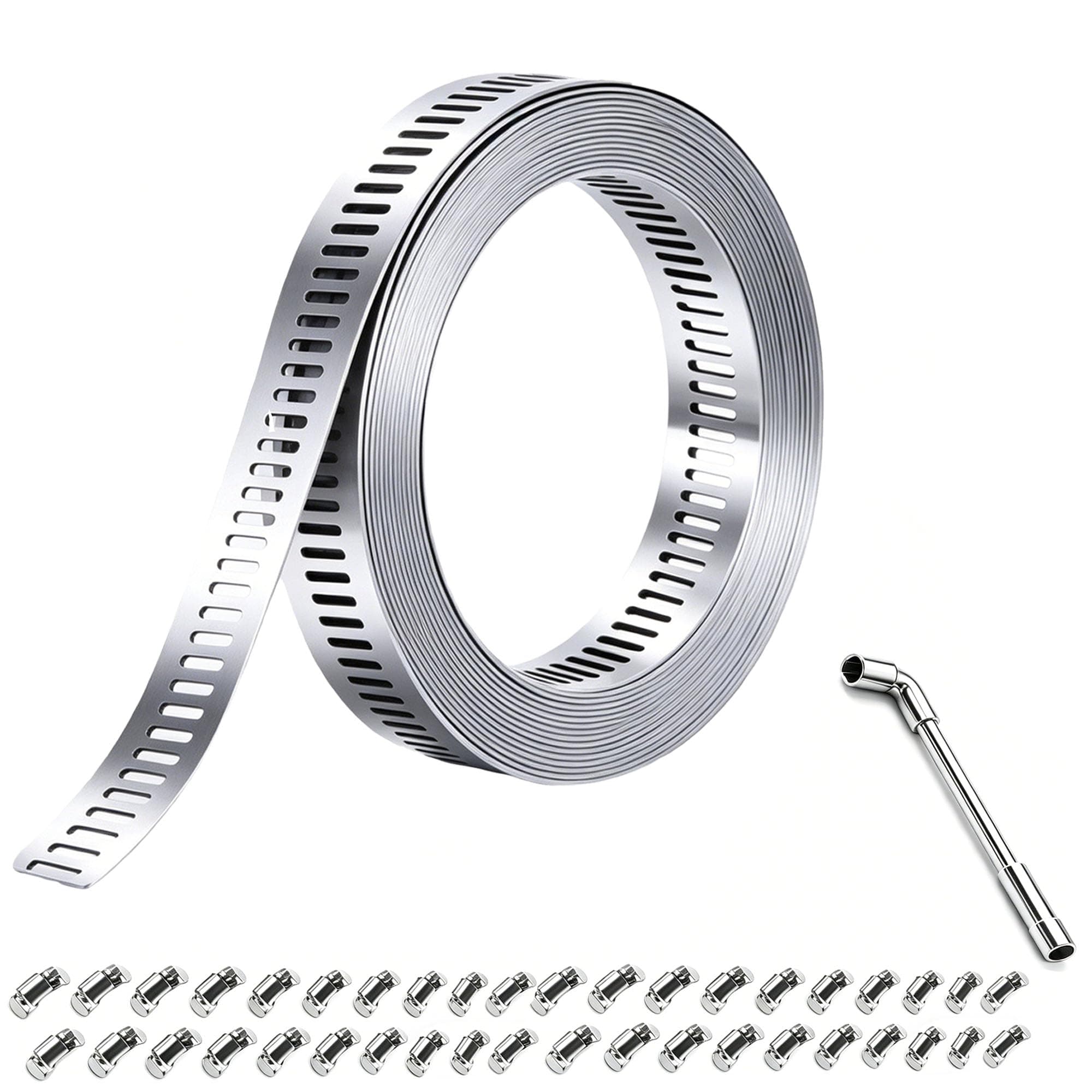 Hose Clamps, 304 Stainless Steel Assortment Kit, 66ft Metal Strap + 40 Fasteners + L Socket Wrench, Pipe Clamp Strapping, Worm Gear Large Hose Clamps for Auto,HVAC,Duct,Fuel Line