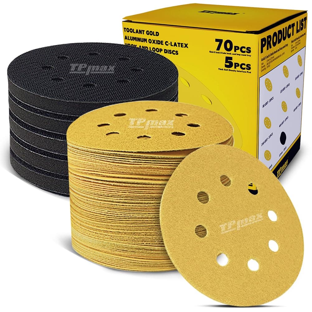 70PCS 5 Inch 125mm 8 Hole Sanding Discs Sandpaper Mixed Grits with 5 Pack Hook and Loop Soft Density Interface Pads for Random Orbital Sander (80, 120, 150, 240, 400, 600, 800 Grit Variety Pack)