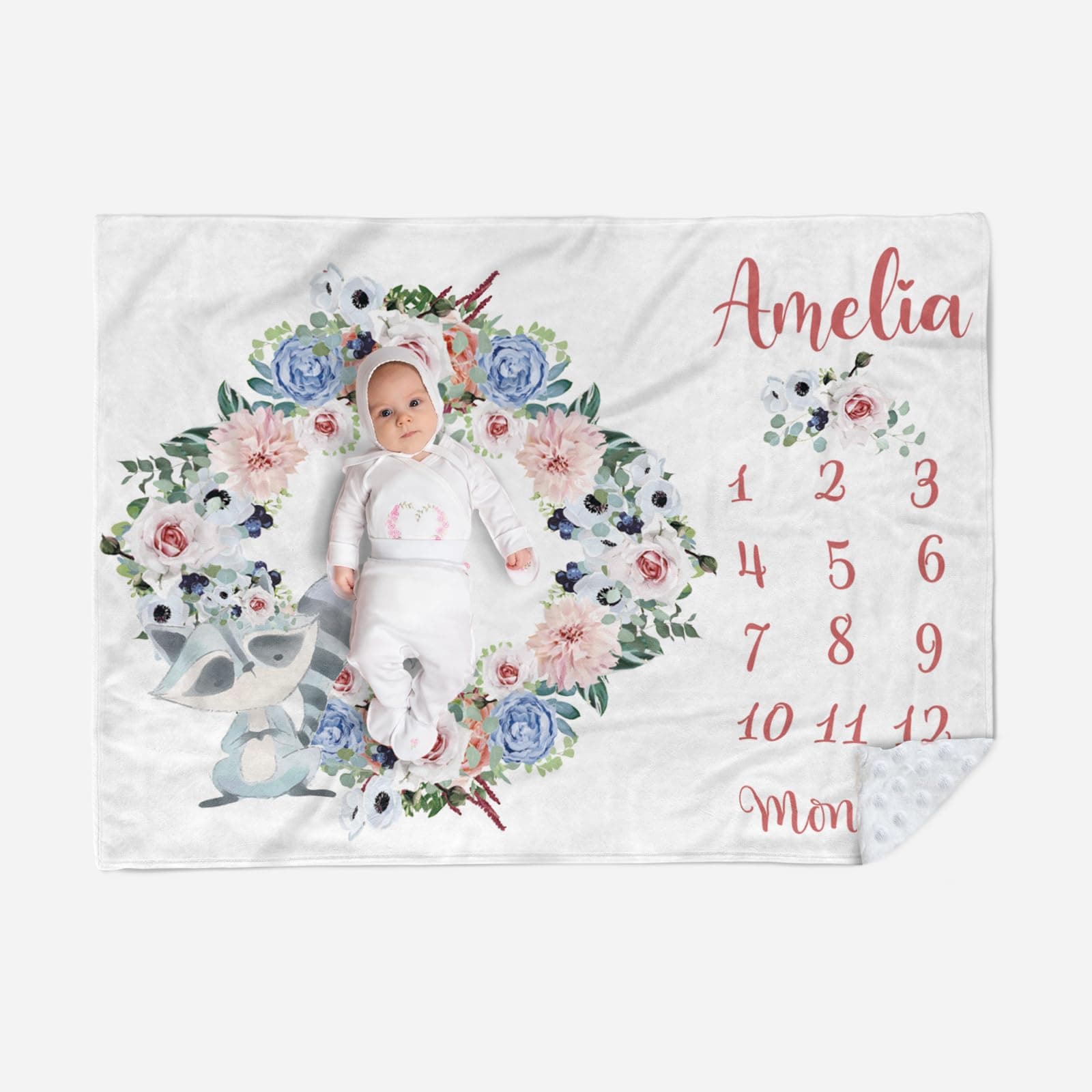 Custom Baby Monthly Milestone Blanket - Custom Name with Animal Designs Photography Background - Soft Plush Blanket with Double Layer Dotted Backing for Boys Girls Gift Raccoon01(47"x60")