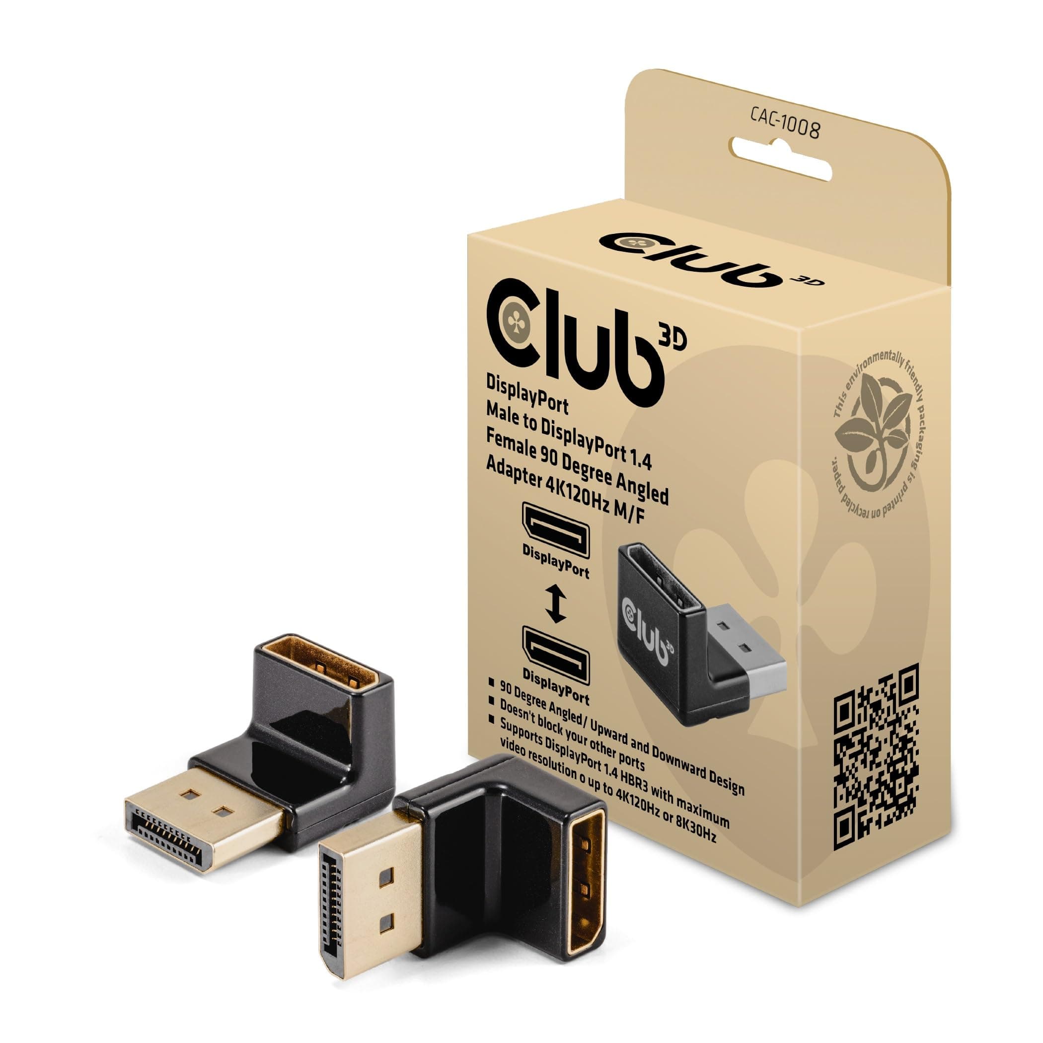Club 3D CAC-1008 DisplayPort Male to DisplayPort 1.4 Female 90 Degree Angled Adapter 4K120Hz M/F
