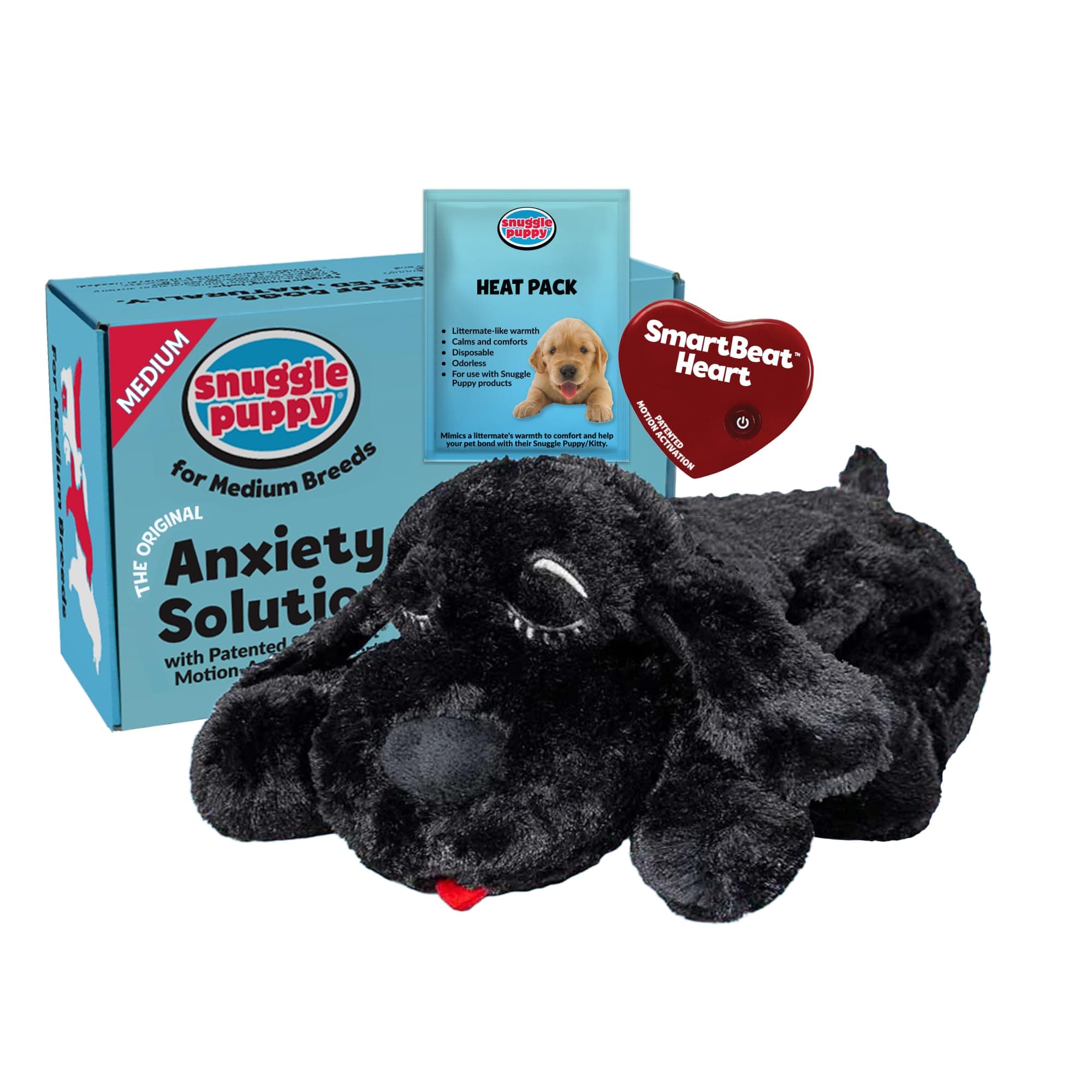 Snuggle Puppy Heartbeat Dog Toy for Puppies, Real-Feel Heartbeat, Calming Sleep Aid and Crate Training Comfort Toy with Heat Pack, Black Plush Design