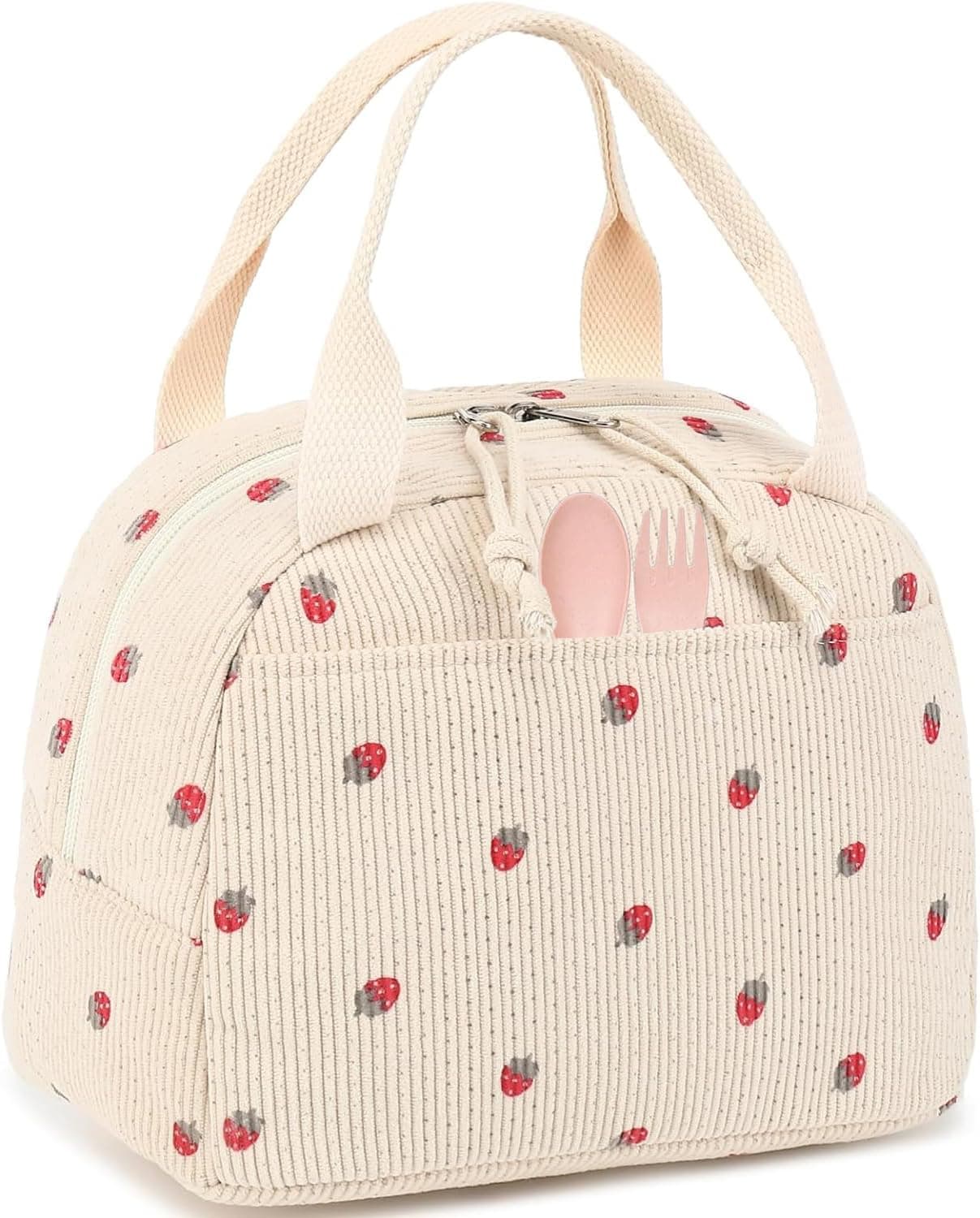 Insulated Lunch Bags for Women Fashionable Reusable Lunch Tote Cooler Bag Handbag for Women (Beige Strawberry)