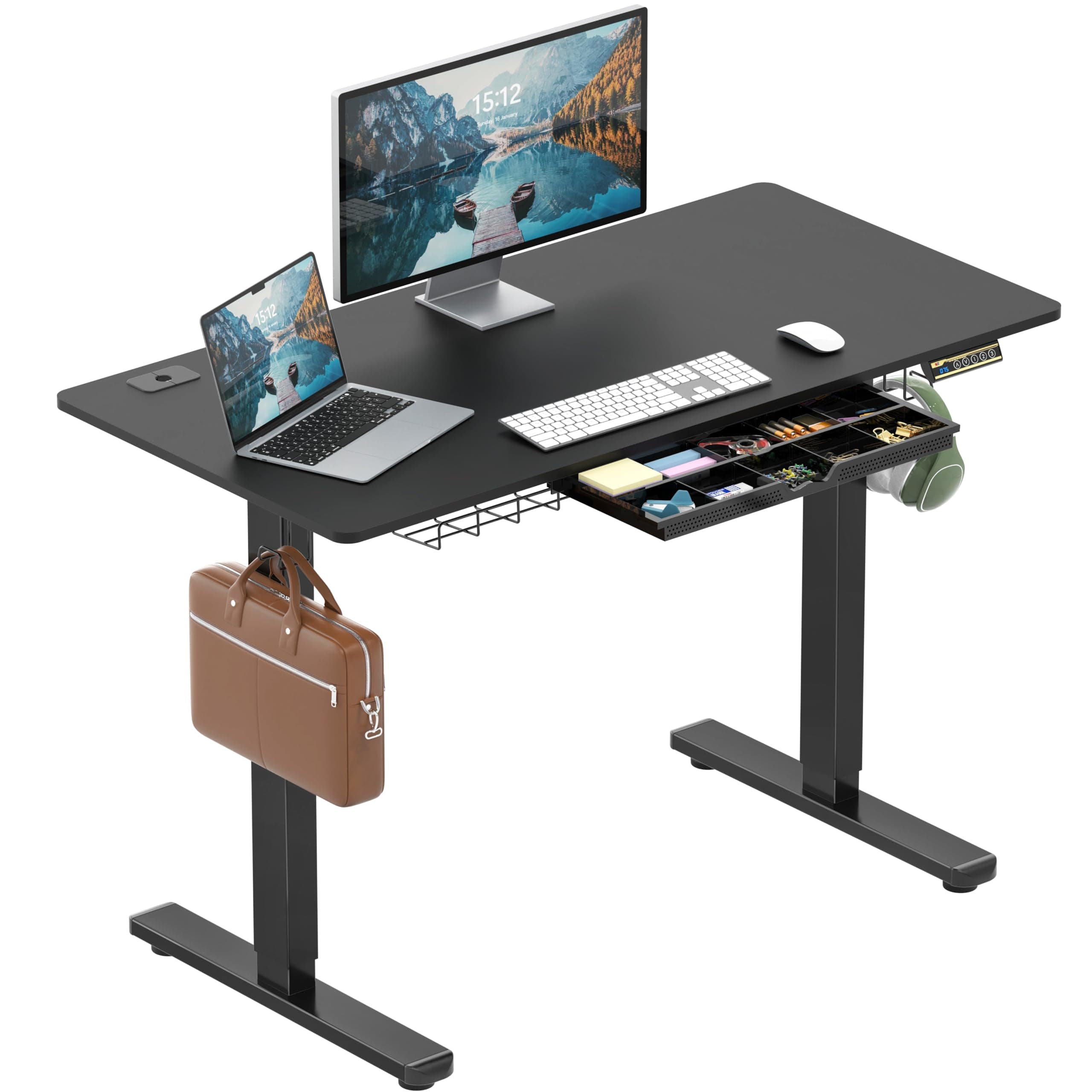 SHW 48-Inch Electric Height Adjustable Standing Desk w/Drawer, Black