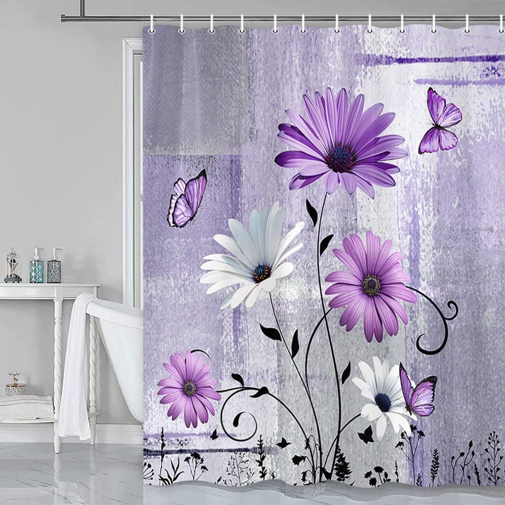 Farmhouse Floral Shower Curtain for Bathroom, Daisy Flowers Butterfly Vintage Purple Farm Style Shower Curtain Set, Polyester Fabric Farmhouse Bathroom Curtain Set with Hooks