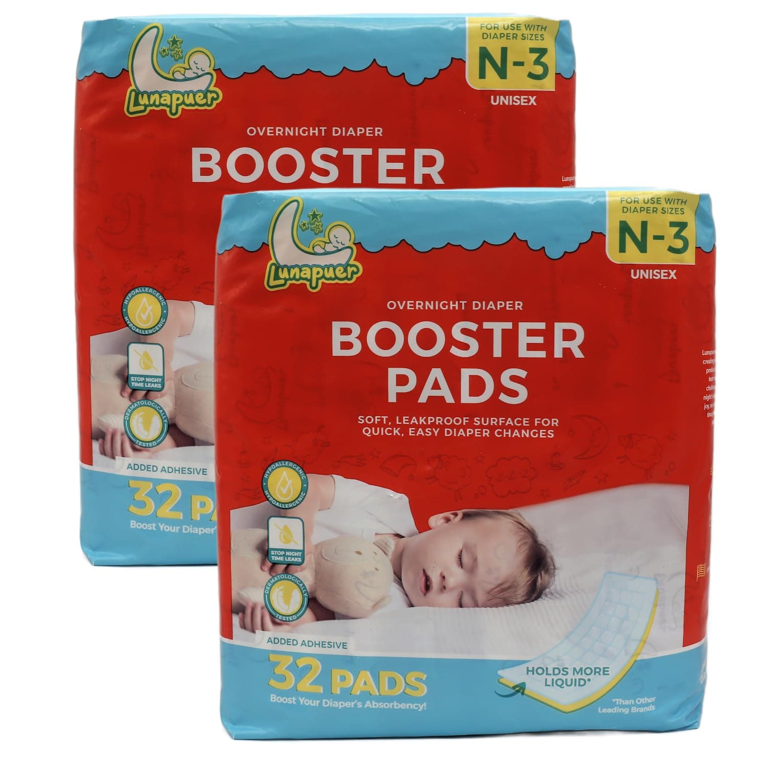 Diaper Booster Pads Overnight, Stop Overnight Leaks, Diaper Inserts with Adhesive for Sensitive Skin – Fits Newborn, Size 1, 2, 3 – Diaper Liners for Baby Boys & Girls – 64 ct (2 Packs)