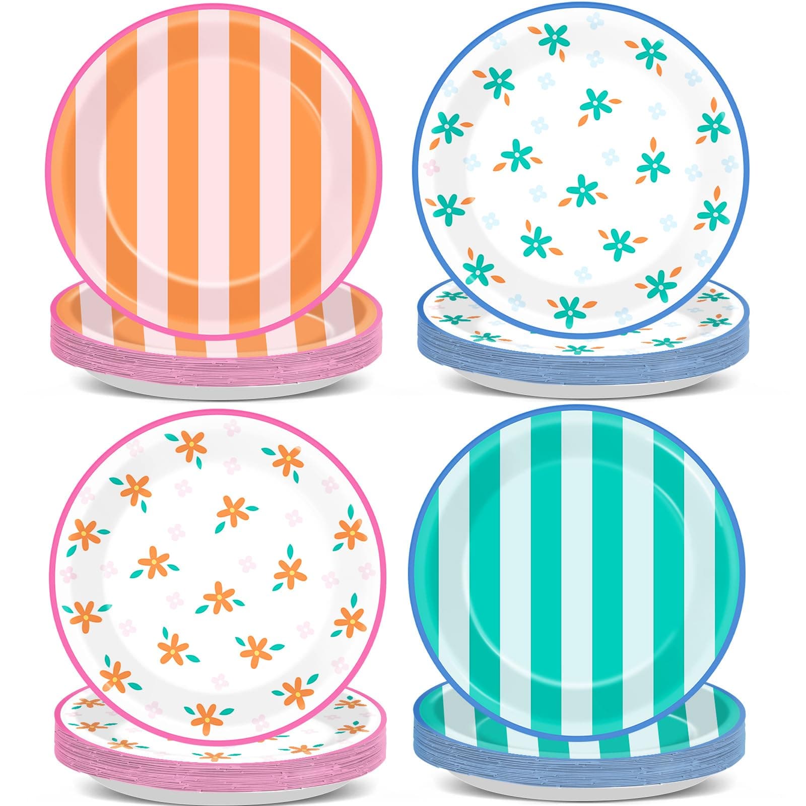 48Pcs Italian Summer Party Paper Plates 7" Green Orange Striped Supplies