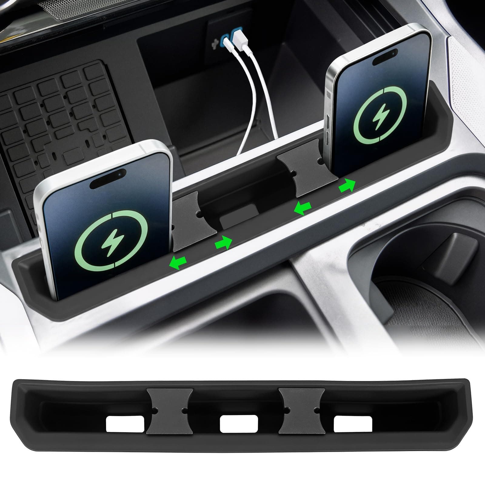 HIBRONGO Center Console Phone Holder fit for Ford F250 F350 F450 F550 2023 2024 2025 2026,Phone Stand Insert Tray with USB Hole&Holder,Silicone Anti-Tipping Phone Stand w/ 2 Movable USB Plug Holders