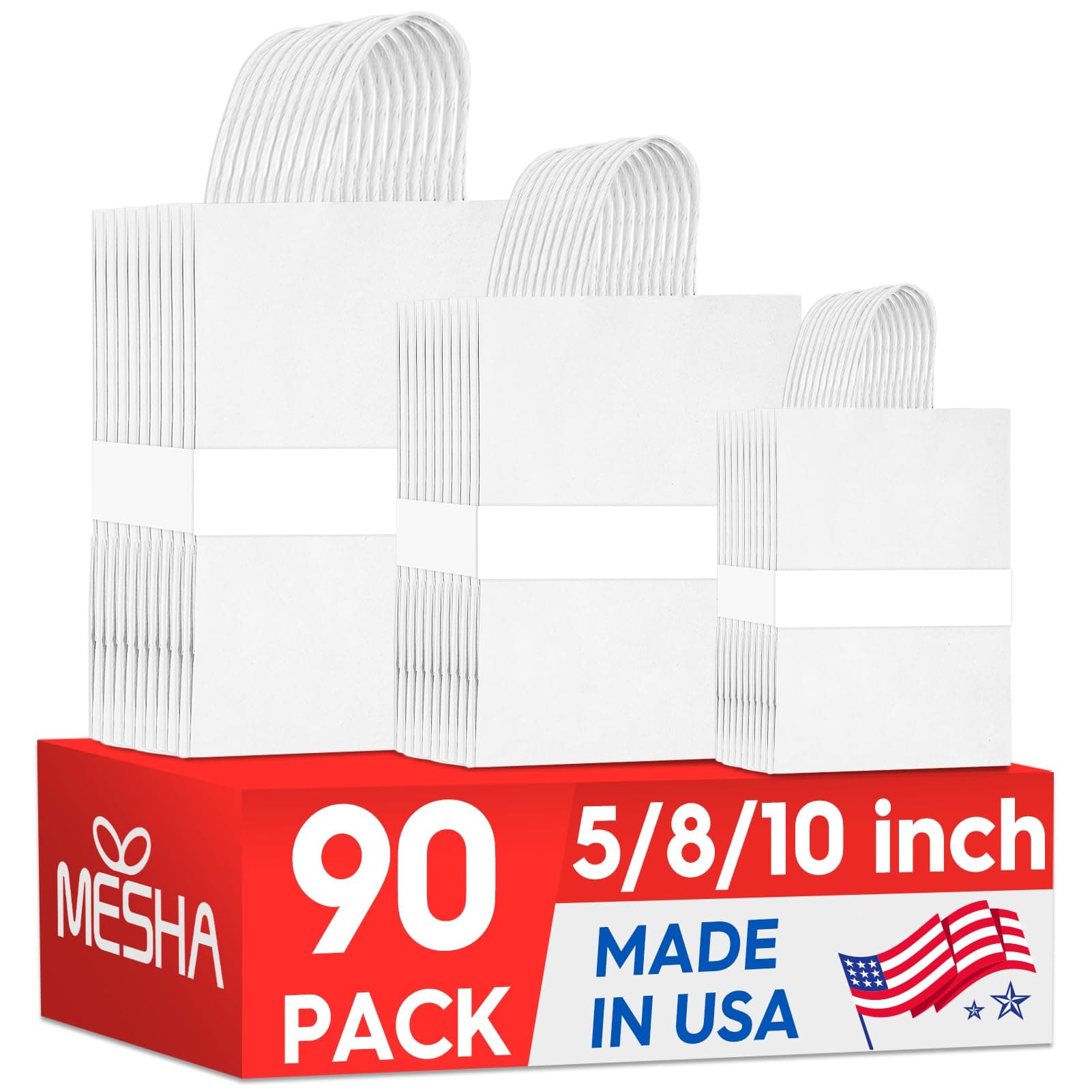 MESHA 90 Pack White Paper Bags with Handles Bulk, 3 Sizes Eco-Friendly Gift Bags for Small Business - Party Favors, Retail, Birthday Goody Bags & Grocery