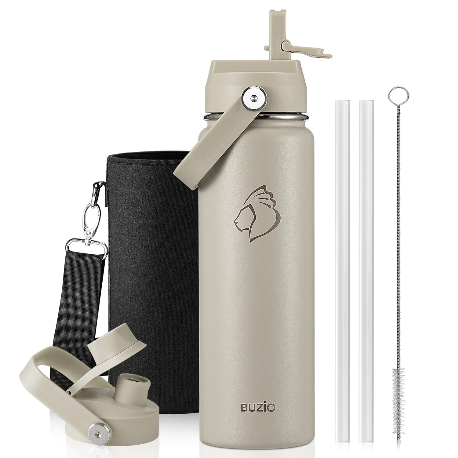 BUZIO 24 oz Insulated Stainless Steel Water Bottle with Straw & Spout Lids