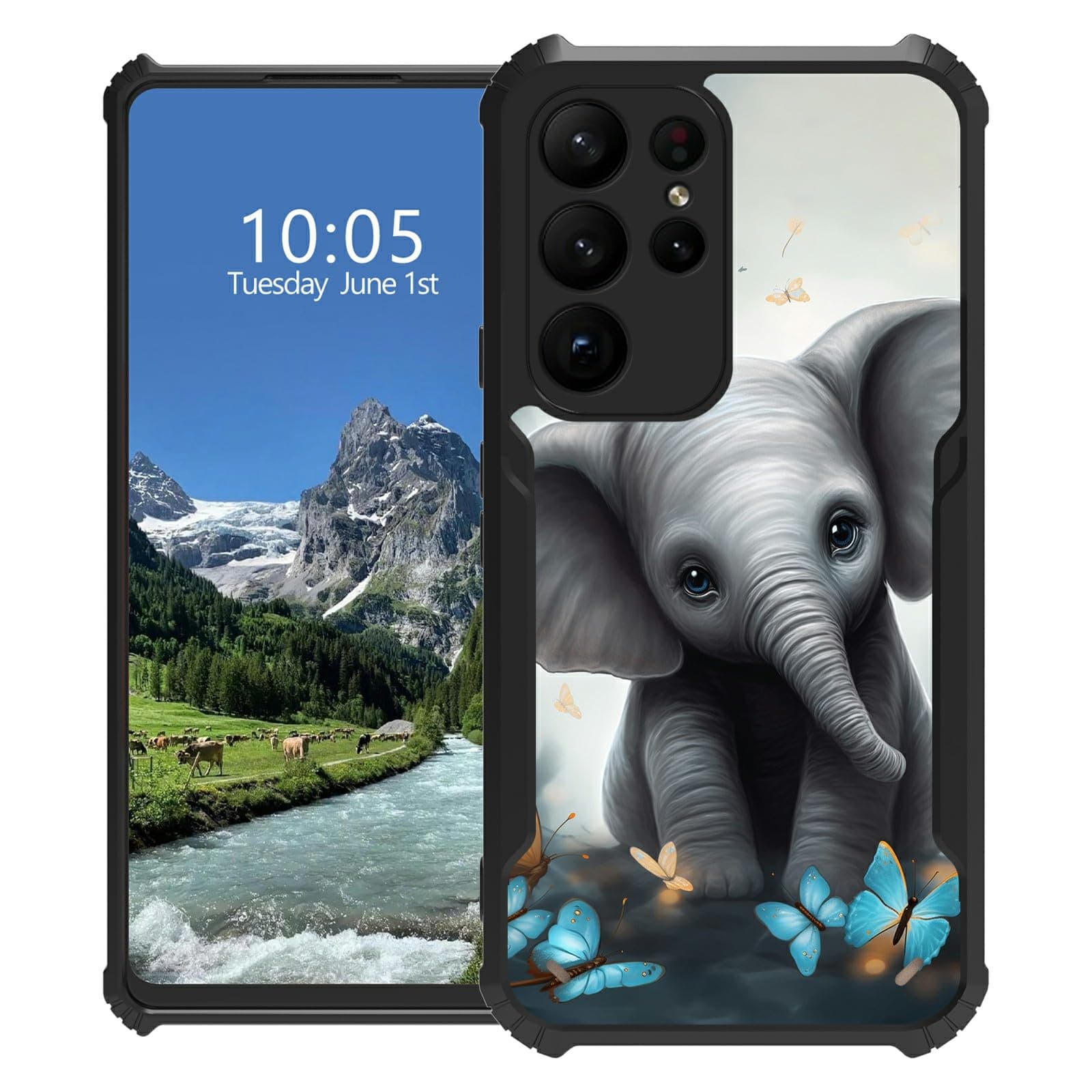 DIGTIALL Case for Samsung Galaxy S23 Ultra,for Galaxy S23 Ultra Case Slim Hybrid Acrylic Back+Soft TPU Bumper Non-Slip Shockproof Cover for Samsung S23 Ultra,Elephant Blue Flowery