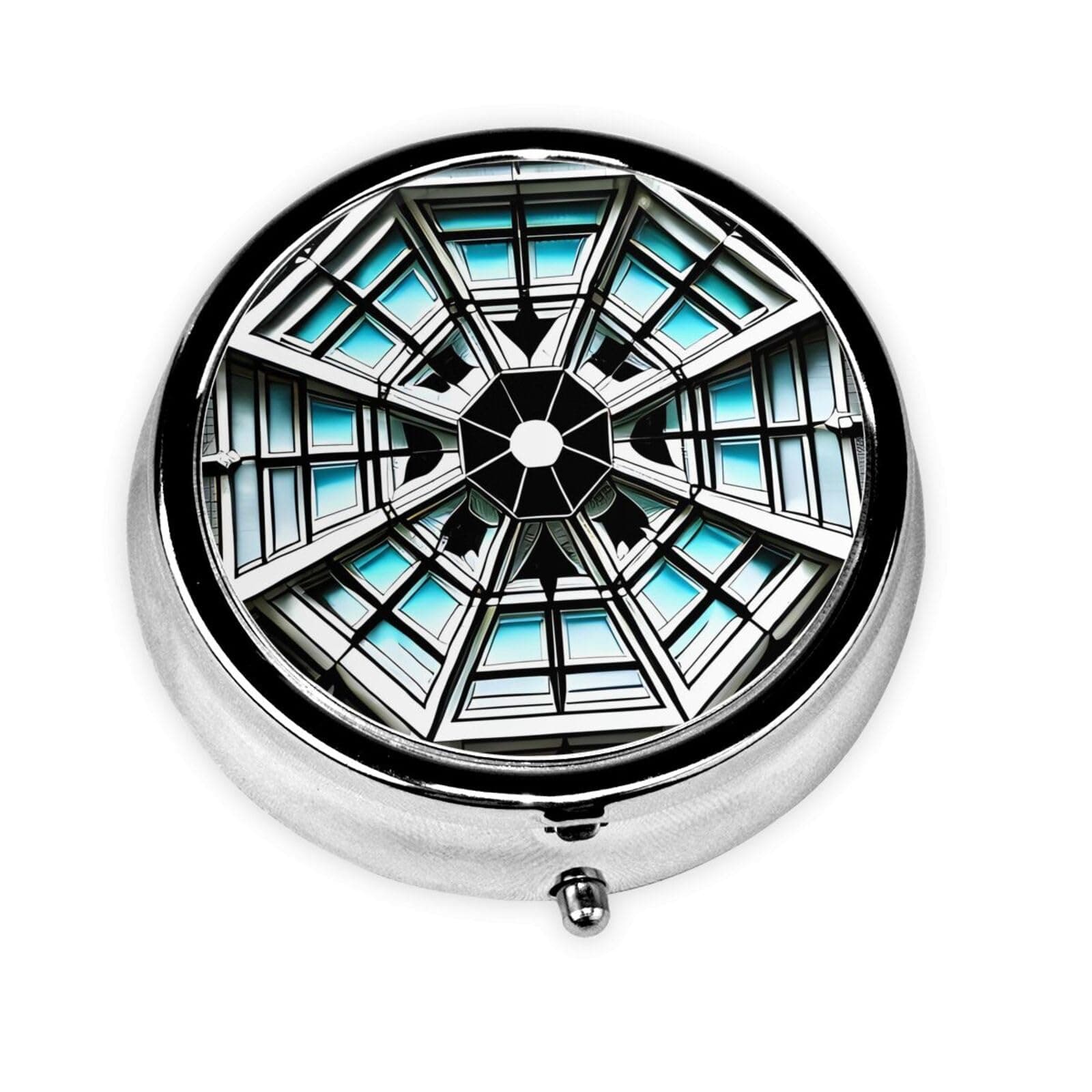 Octagon Building Metal Iron Electroplating, Round Pill Box, 2.0x2.0x0.7 inches, with 3 Plastic compartments