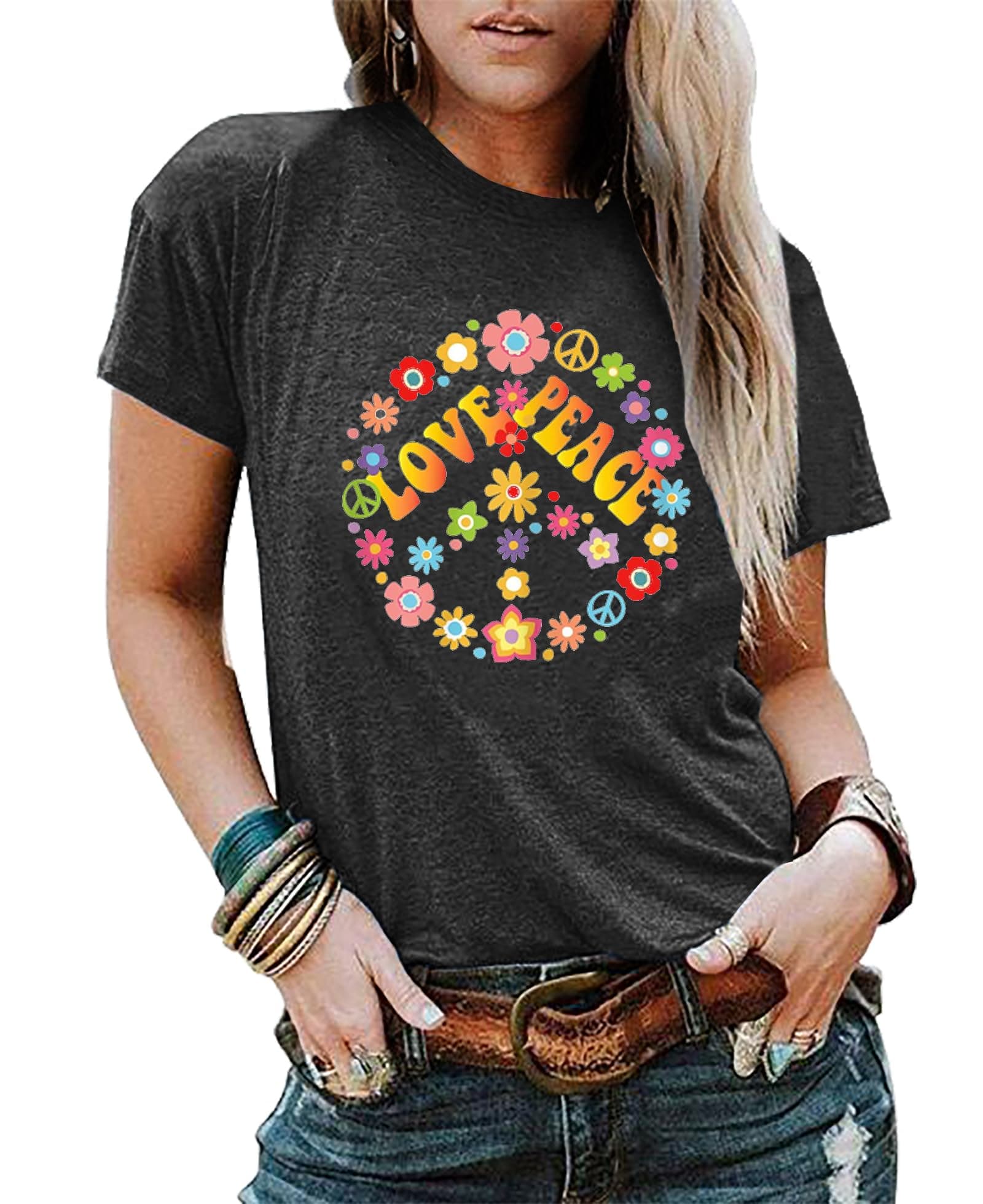Peace Sign Love Shirt Women 60s 70s Hippie Theme Party Tshirt Sunflower Print Inspirational Shirts, Black-a, XX-Large