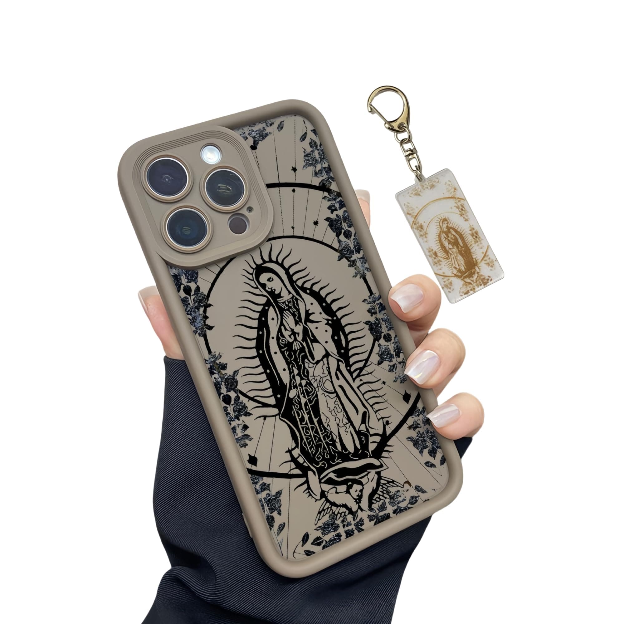 FindUWell Virgin Mary - Funda de teléfono compatible con iPhone 16/15/14/13/12/11 ProMax, funda protectora de TPU a prueba de golpes, funda de teléfono dorada Virgen De Guadalupe con llavero gratuito