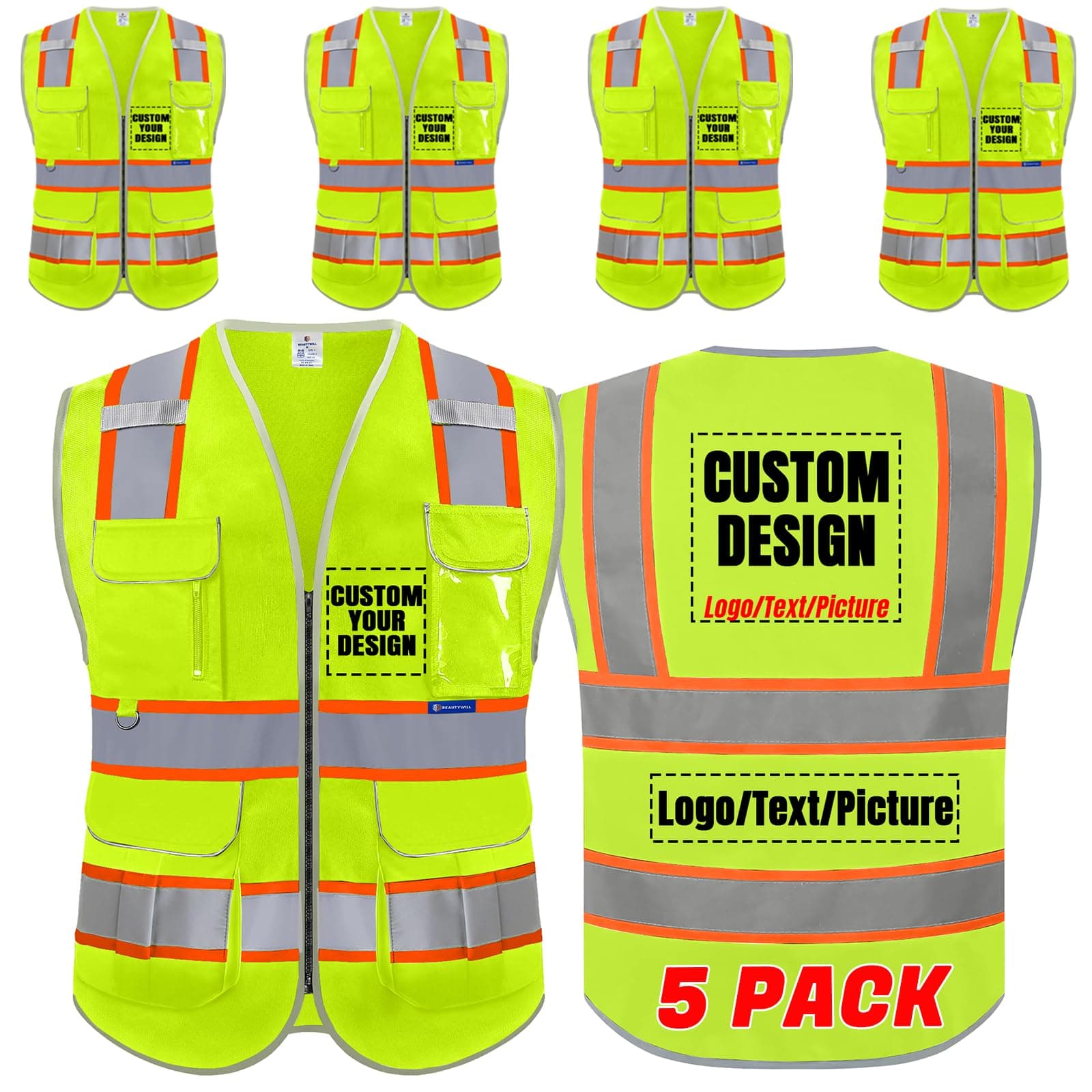 BeautyWill 5Pack Custom Logo Safety Vest 8 Pockets Class2 ANSI Certified High Visibility Reflective Vest for Men - Personalized Logo Heavy-Duty Work Vest（Yellow，XXL）