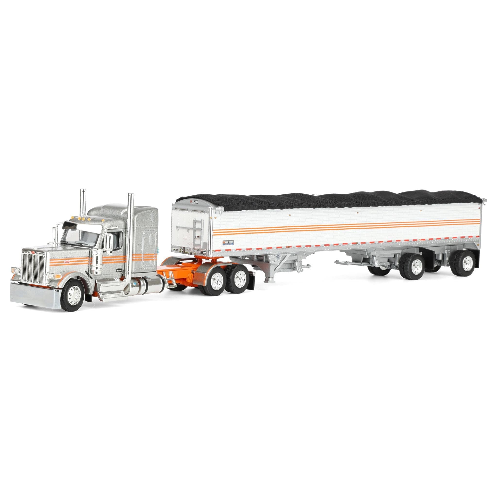 First Gear DCP 1/64 Peterbilt 589 Mid Roof Sleeper Semi Truck with Wilson Pacesetter Grain Trailer, Silver/Orange/White 60-2173