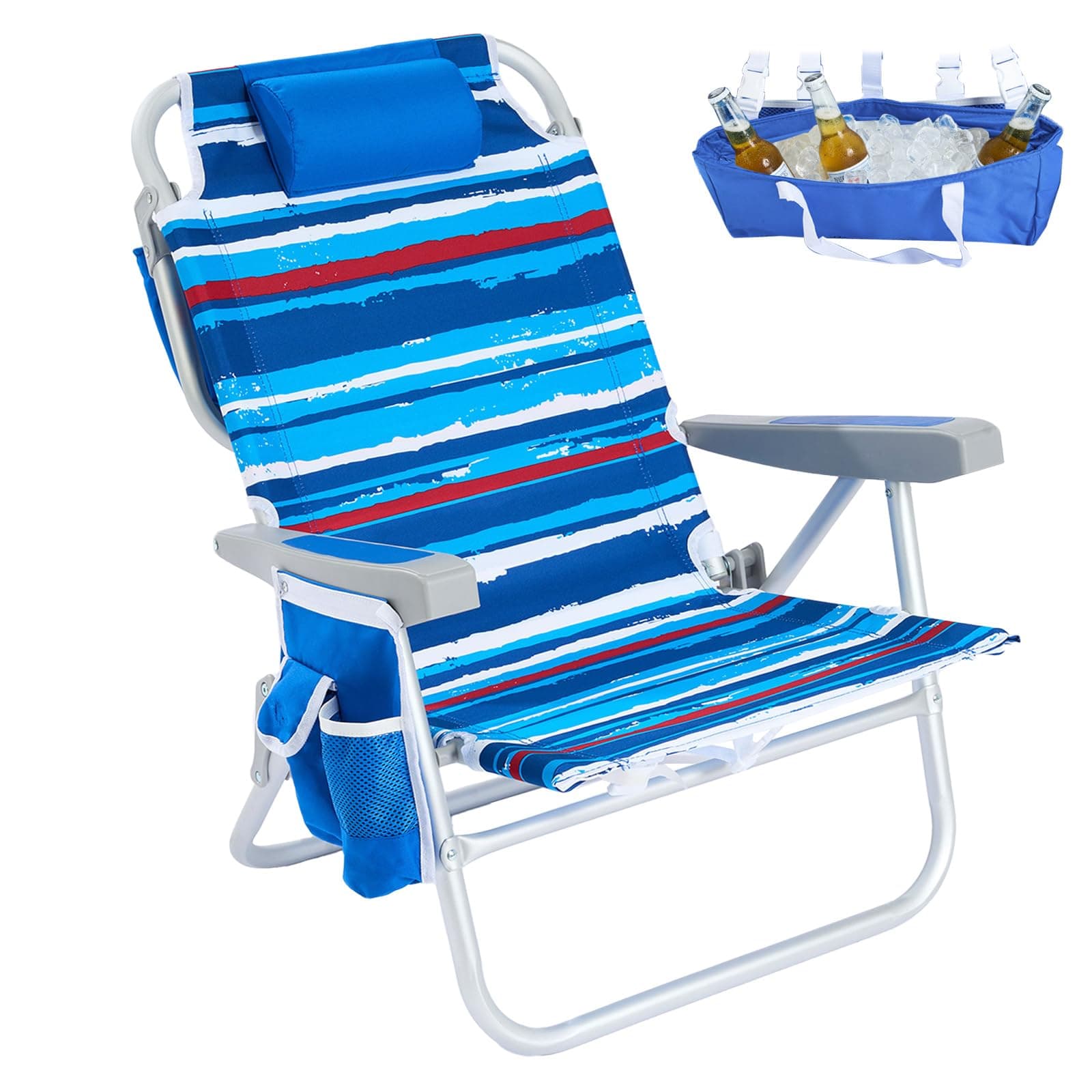 SUNNYFEEL Reclining Beach Chair, 5-Position Lay Flat Lounge Chair, Lightweight Folding Recliner Low Beach Chairs for Adults, Versatile Beach Backpack Chair for Sand, Lawn, Sunbathing, Camping & More