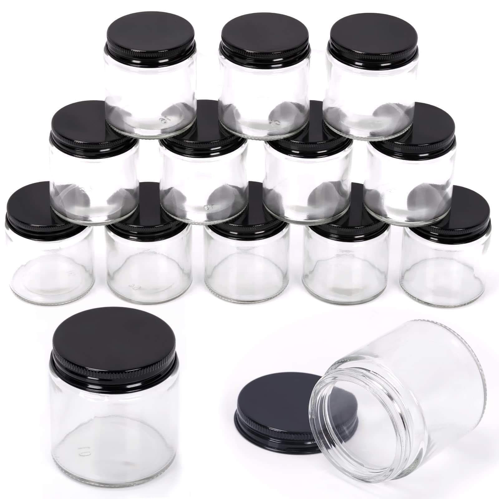 Swpeet 12 Packs 4 oz - 120ML Transparent Glass Jar with Black Lid Assortment Kit, Round Containers Cosmetic Glass Jars with Lids Travel Jars Cosmetic Containers for Cream, Lotion