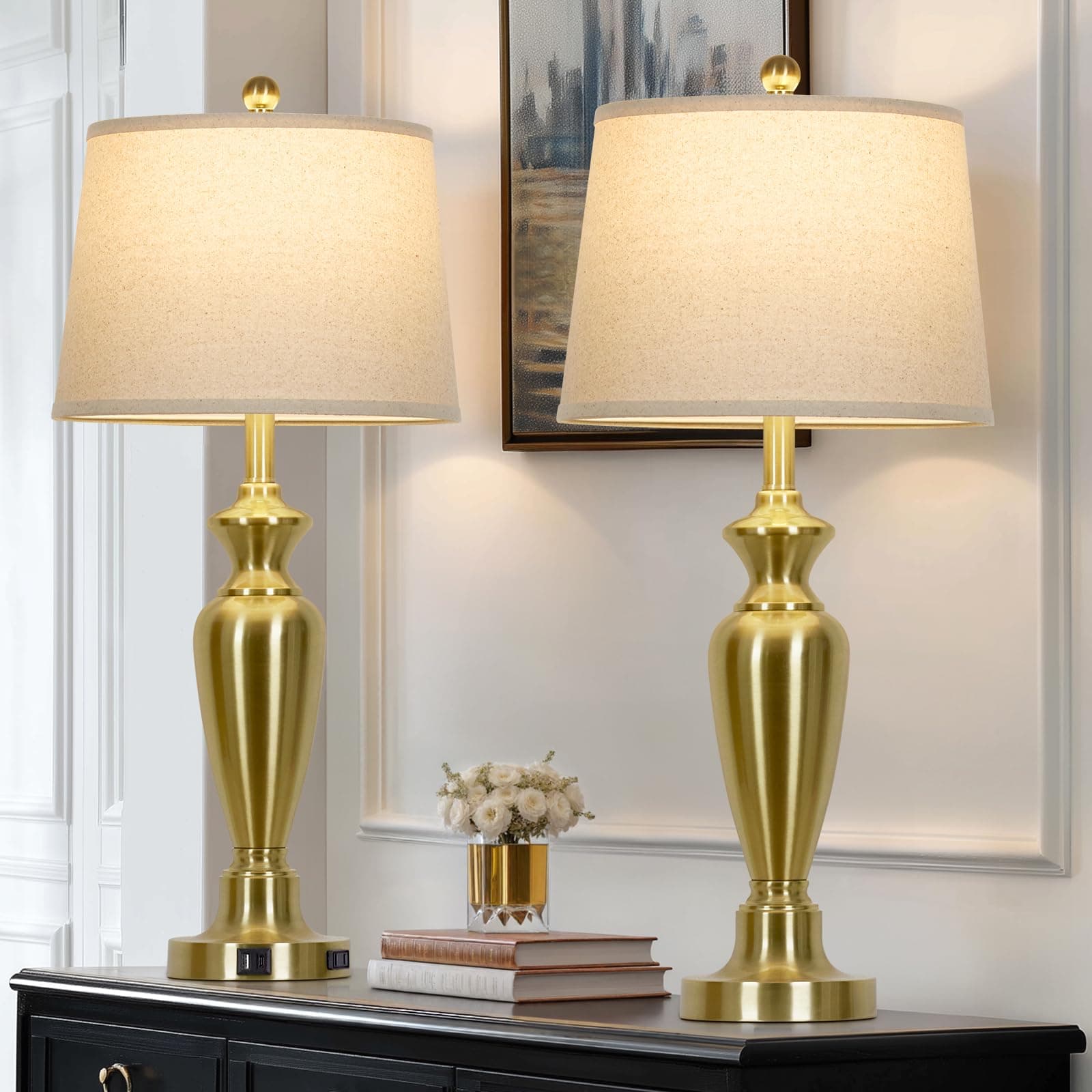 Cinyirong 30" Tall Gold Table Lamps Set of 2, Touch Control Bedside Lamp with USB A+C Ports and AC Outlet, 3-Way Dimmable Modern Metal Nightstand Lamp for Bedroom Living Room, 2 LED Bulbs Included