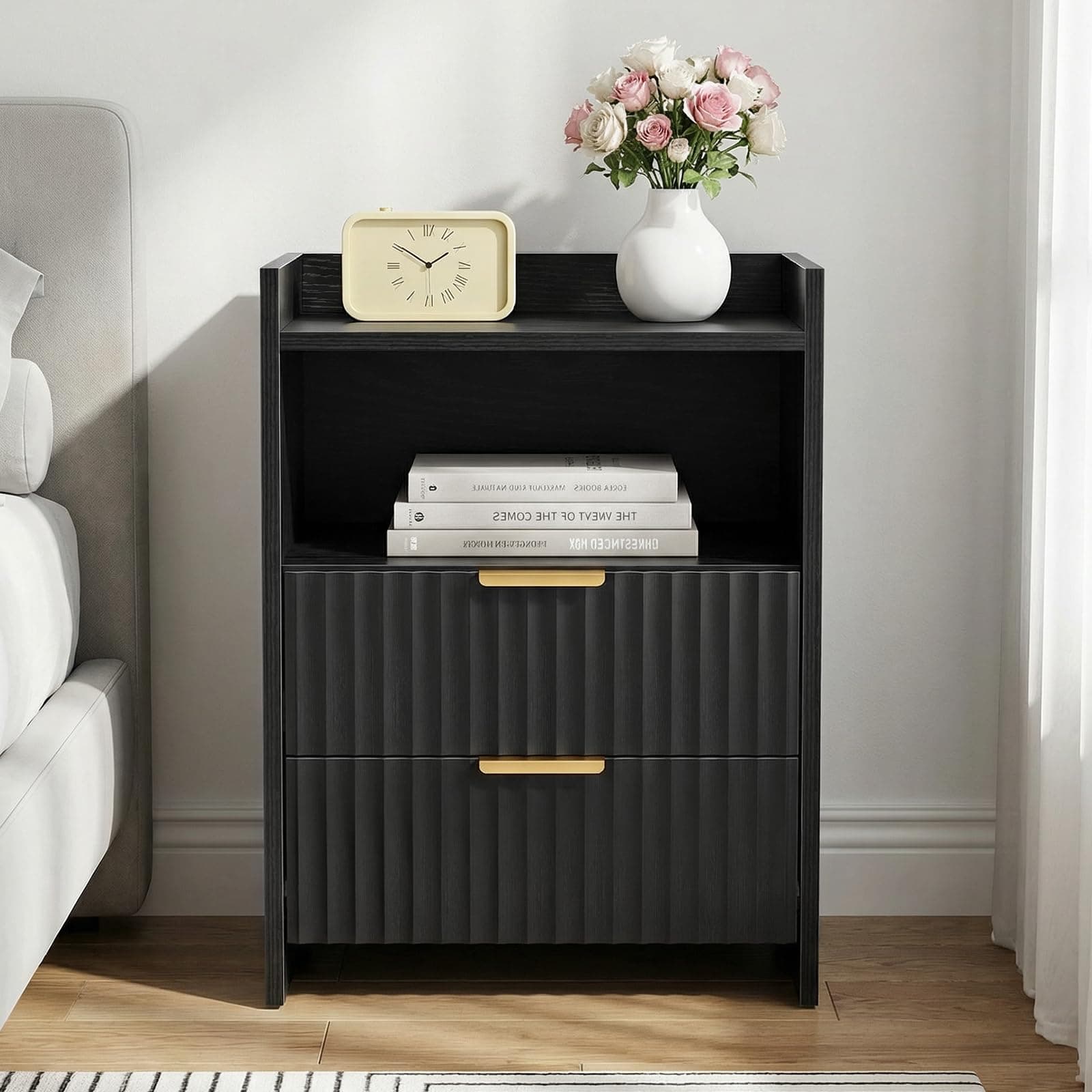 Eumyviv Fluted Nightstand with 2 Drawers, Black Modern Farmhouse Bedside Table for Bedroom, Wave Panel Side Table with Gold Handles & Open Shelf, Wood End Table for Small Spaces, Living Room, Black