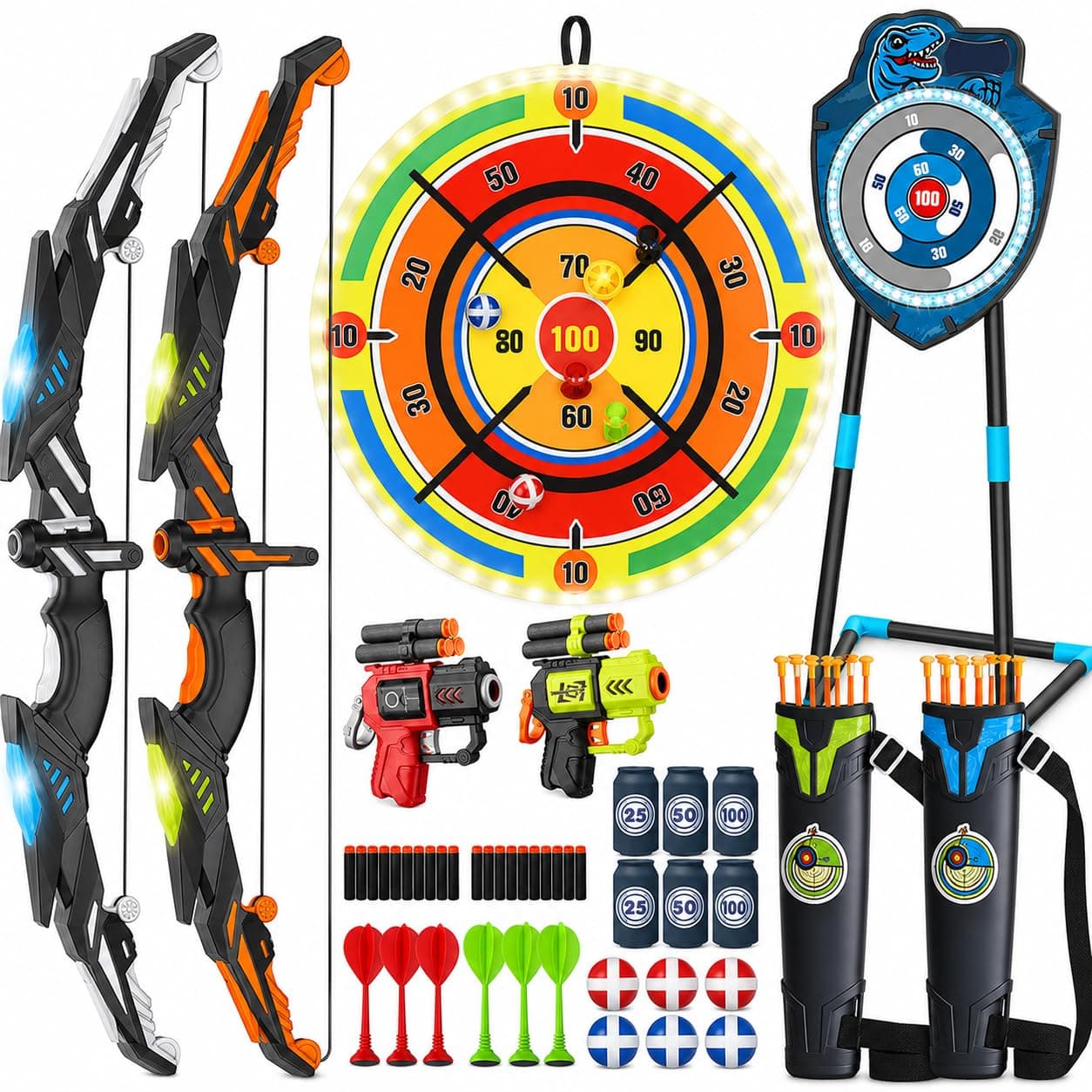 LED Standing Target Archery Set with Bow & Arrows & LED Dart Board for Kids 4-12 Years Old, Outdoor Sports Toy Gift for Boys & Girls