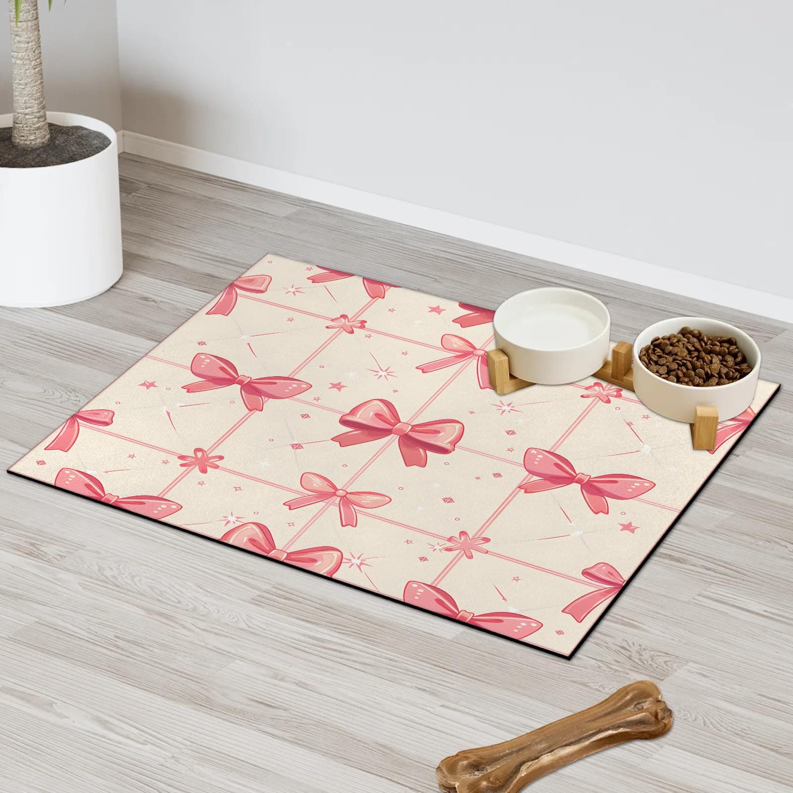 Hexteria Cartoon Bowknot Dog Food Mat Checkered Plaid Absorbent Quick Dry Pet Feeding Mat for Food and Water Bowl Non Slip Placemat for Dogs Cat, Easy to Clean,12 x 20 in