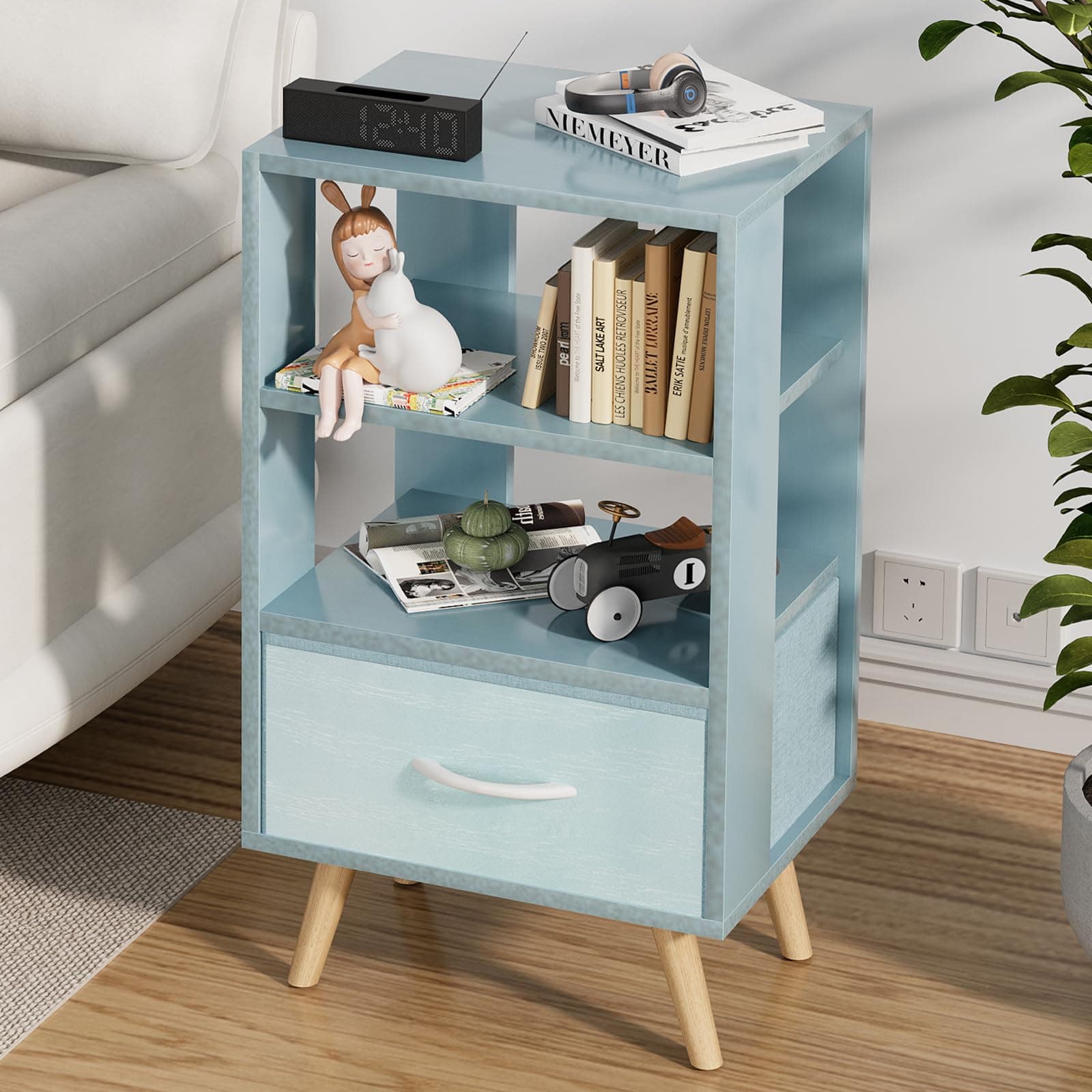 Aenuert Night Stand, Blue Kids Nightstand with Drawer, Nursery Side Table with Open Storage, 3-Tier Modern End Table, Bedside Table for Small Space, Living Room, Bedroom