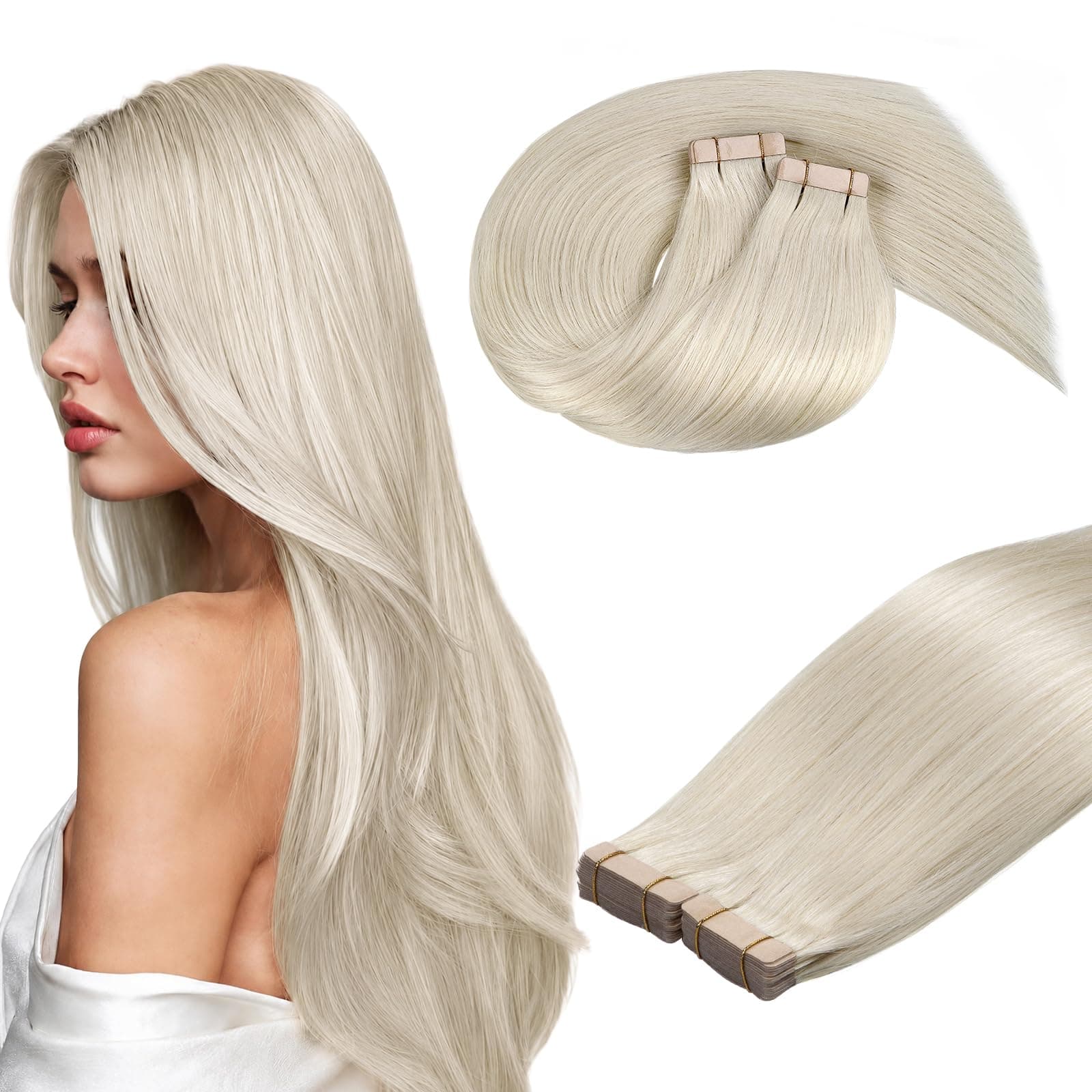 DOORES Tape in Hair Extensions Human Hair, Platinum Blonde 24 Inch 100g 40pcs, Human Hair Extensions Tape in Real Hair Skin Weft Straight Hair Remy