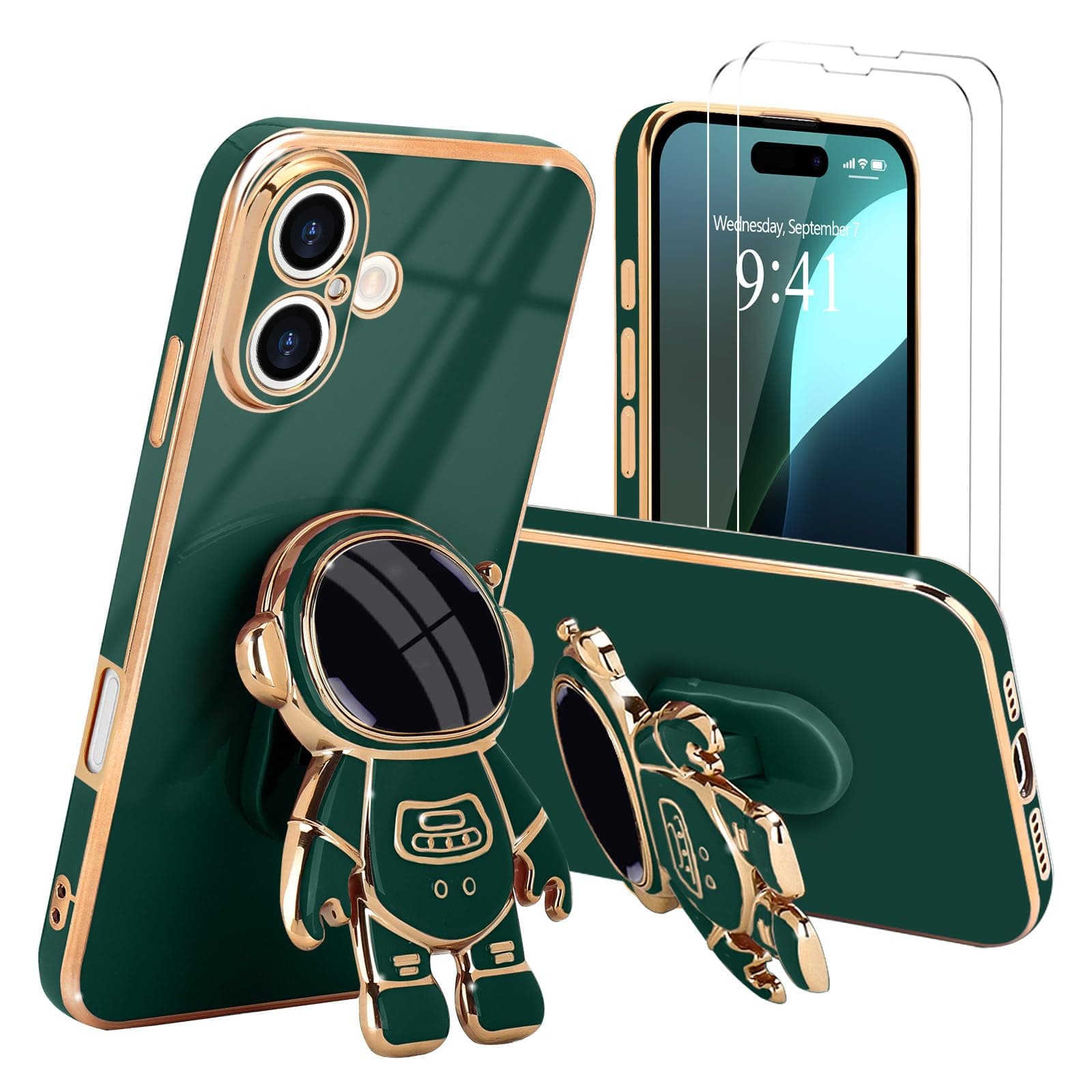 Pepmune for iPhone 16 Plus Case with Cute 3D Astronaut Stand, Dark Green