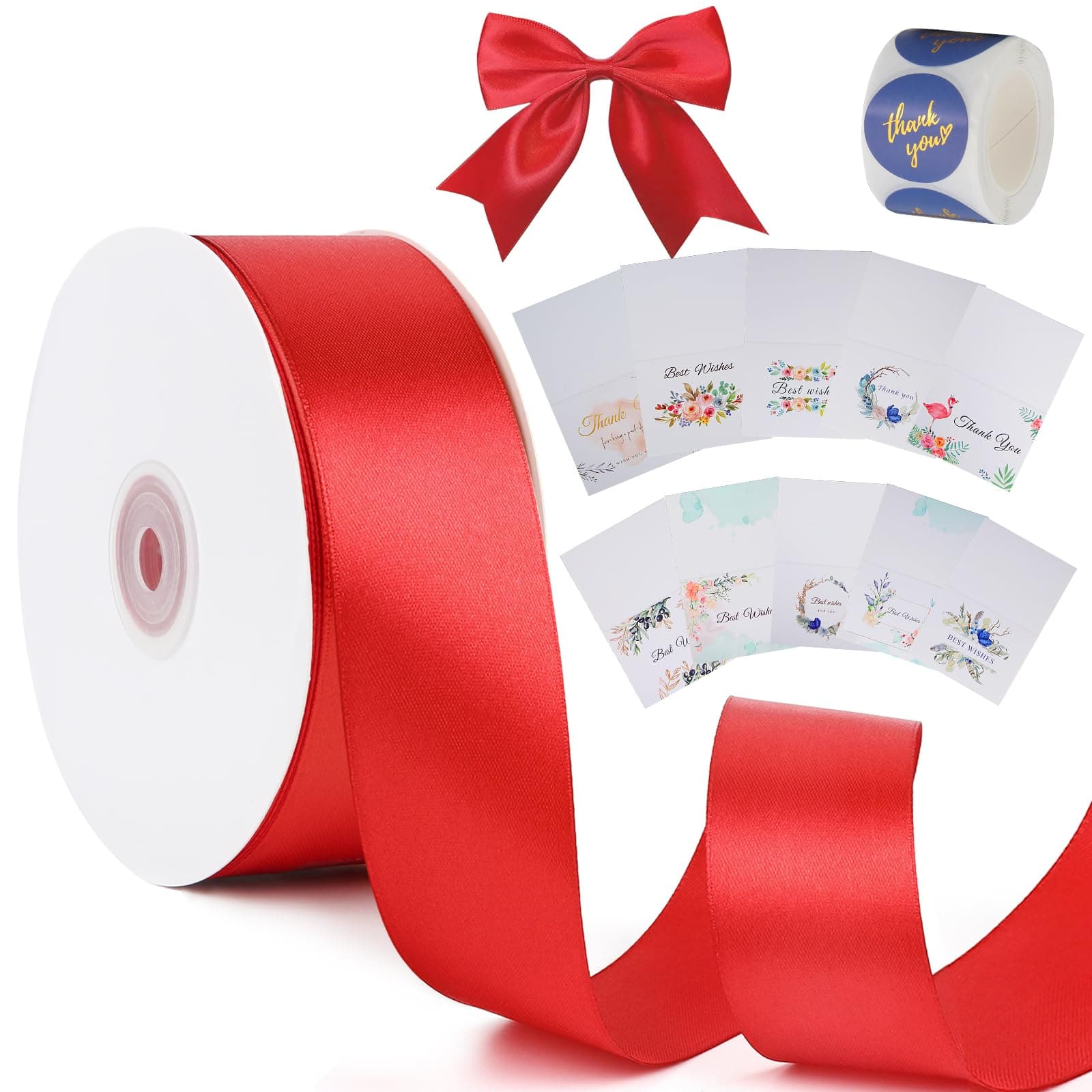 1-1/2 inch Red Solid Satin Ribbon with Thank You Cards & Stickers,50 Yards Ribbon for Bows Bouquet,Gift Wrapping,Wedding,Floral Arrangement,Christmas Decorations