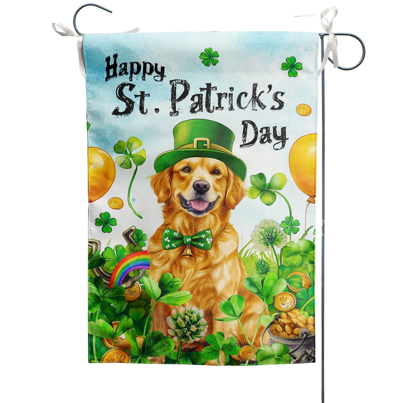 Golden Retriever Dog Garden Flag 12x18 Inch Happy St Patricks Day Green Lucky Shamrock Leaves Holiday Yard Flag Vertical Double Sided Banner Lawn Flags for Outside Home Decor