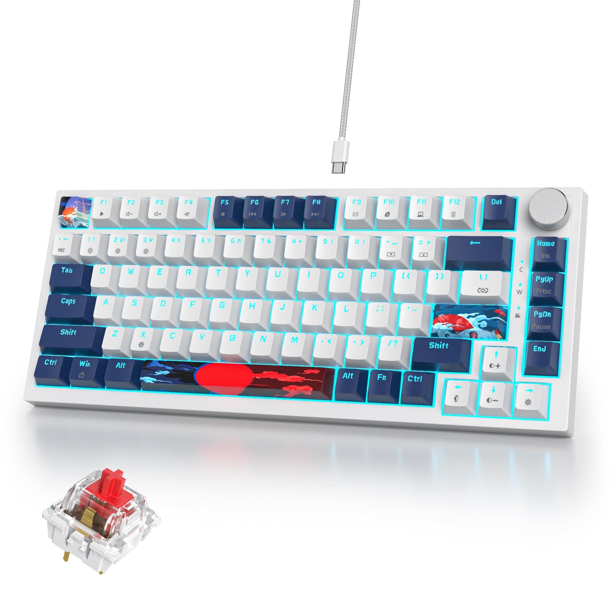 iRoboosta 75% Mechanical Gaming Keyboard, Hot Swappable RGB Backlit Custom Keyboard with Knob, Gasket Mount USB Wired, 82 Keys Blue White Linear Red Switch Keyboard (82 Blue White)