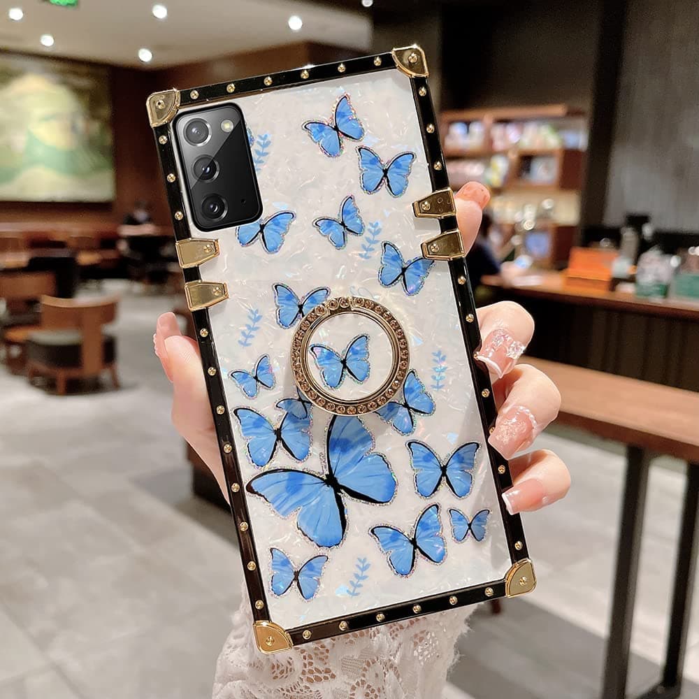 for Galaxy A51 4G Butterfly Case with Ring Kickstand for Women Girls Luxury Box Design Glitter Bling Marble Soft Trunk Cover for Samsung Galaxy A51 4G,Blue