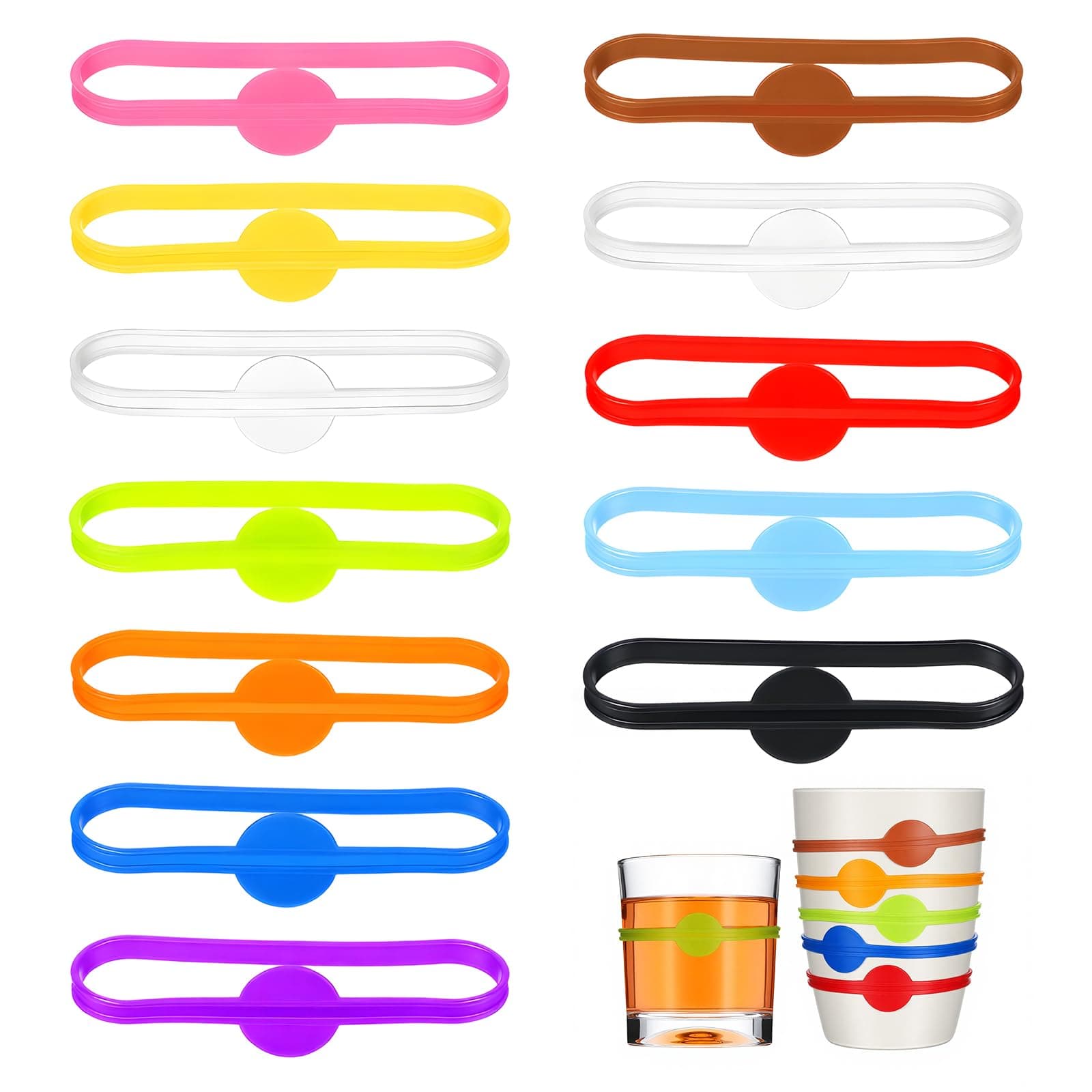 LXUEJIE 24 PCS Drink Markers Silicone, 12 Colors Stretchable Drink Markers Silicone Cup Marker Bottle Strip Tag Wine Glass Charms for Party Glasses Cups Cans Dentification
