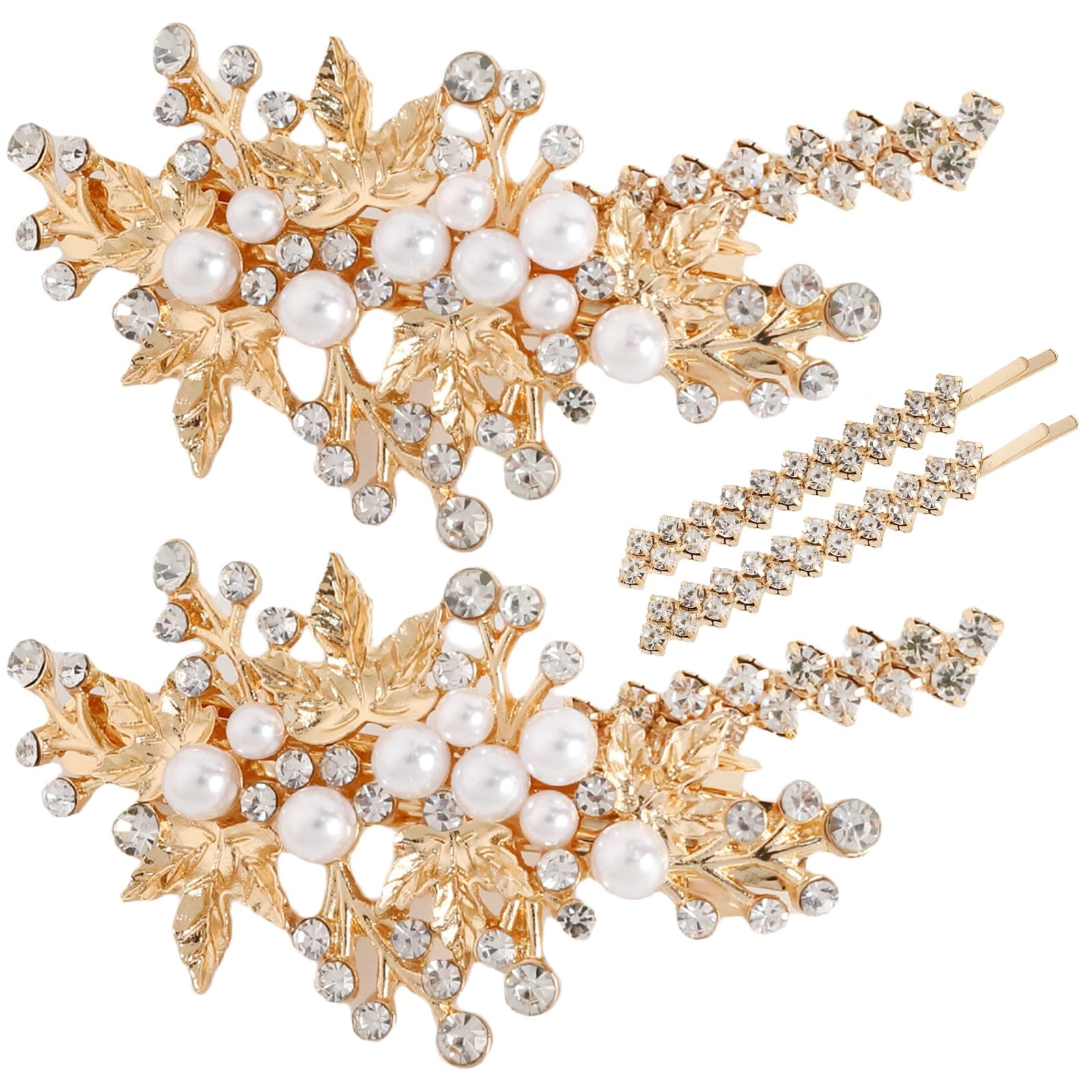 QXUJI 4PCS Gold Rhinestone Pearl Hair Clips, Bridal Leaf Hair Barrette