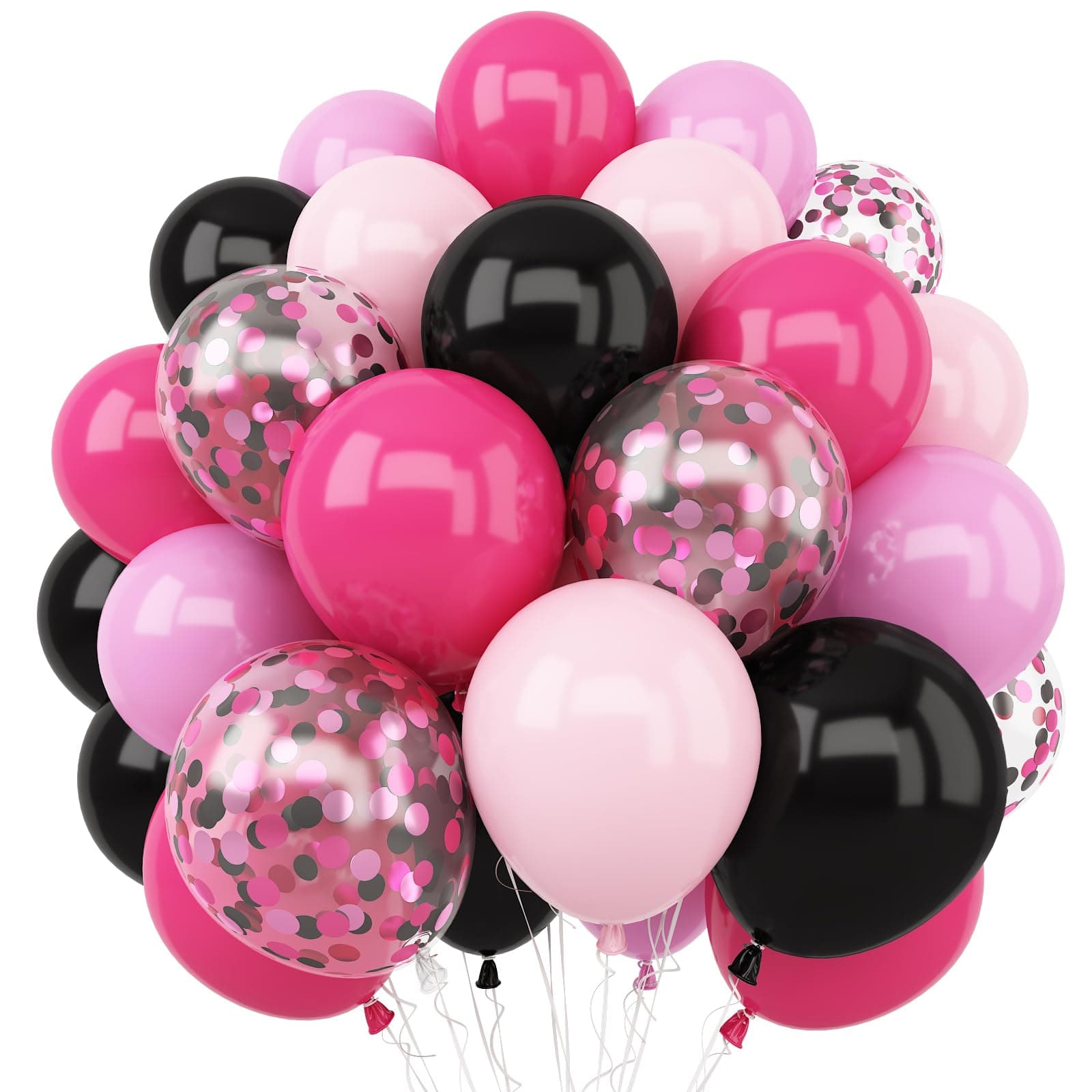 Pink and Black Balloons, 12 Inch Hot Pink Pastel Pink Black Balloons with Black Pink Confetti Balloons for Girl Women Birthday Baby Bridal Shower Wedding Theme Party Decorations