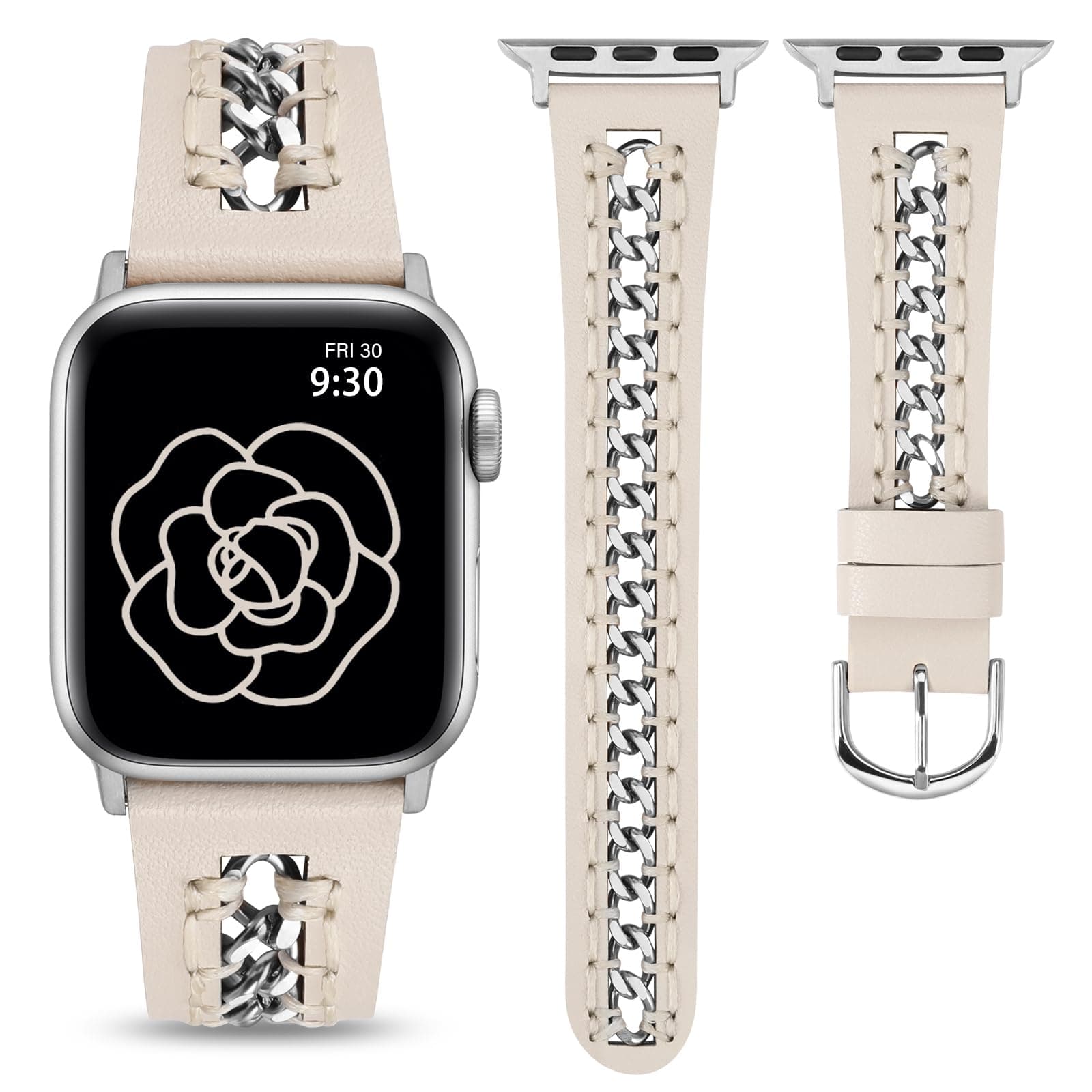 Minyee Leather Band Compatible with Apple Watch Bands 38/40/41/42/44/45/49mm Women,Dressy Designer Premium Leather Strap with Stainless Steel Metal Hollow-out Chain Bracelet for iWatch Ultra 2 Series