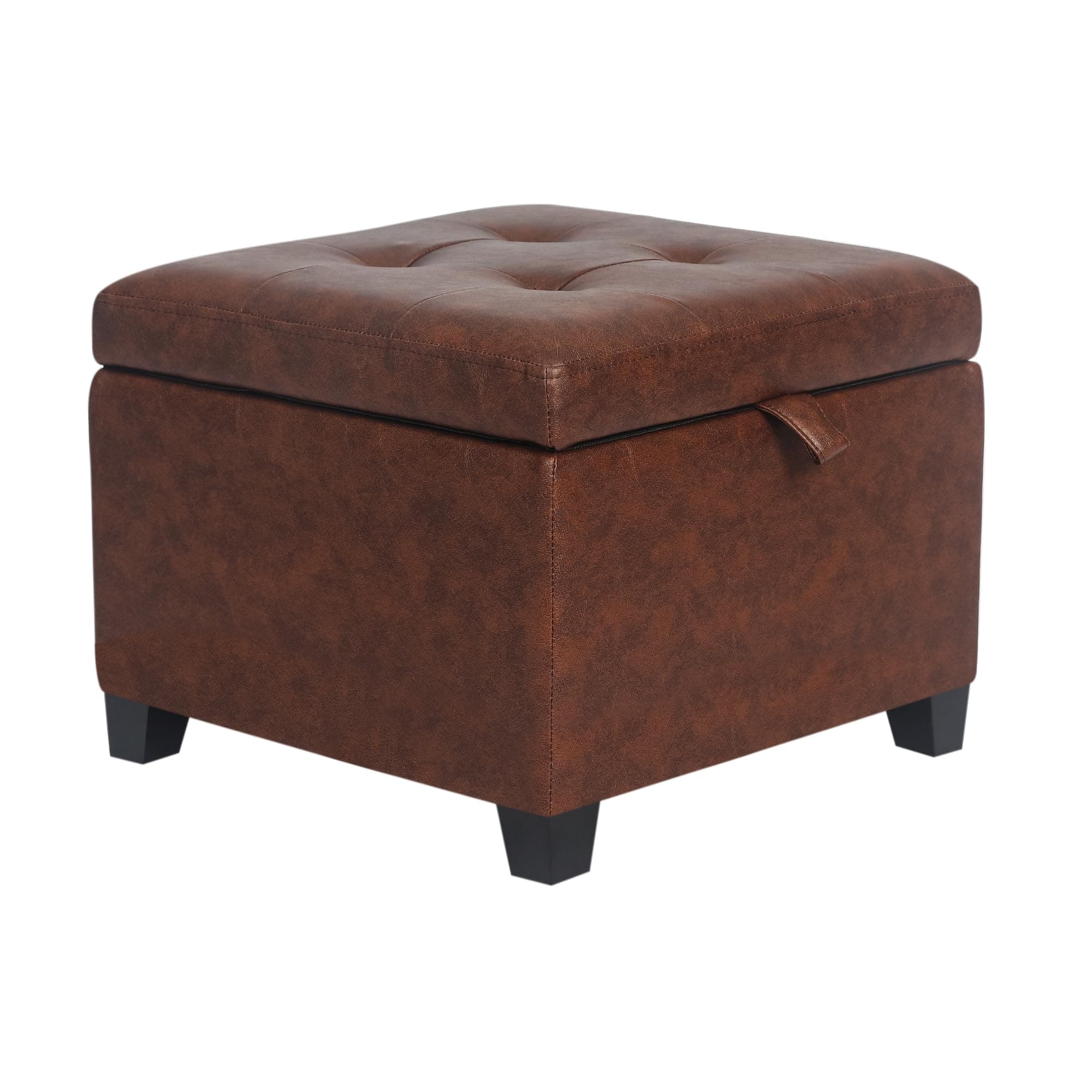 Adeco Faux Leather Storage Ottoman Bench with Wood Legs, 17.7" Square Red and Brown PU Cube Foot Stool, Upholstered Button Tufted Vanity Chair with Hinged Lid for Living Room, Bedroom, Dorm