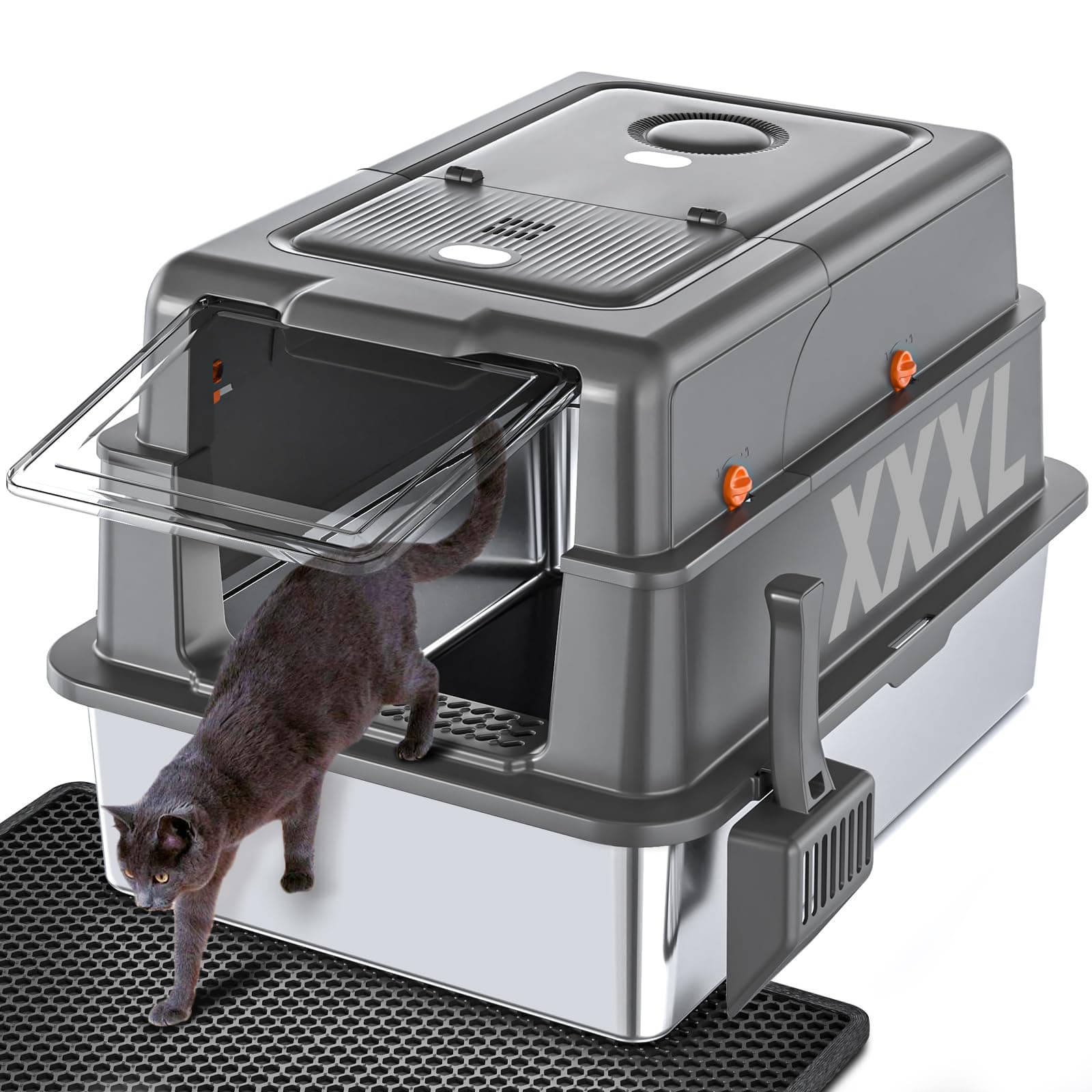 XXXL Stainless Steel Litter Box with Mat & Scoop, 28" L x 20.5" W x 17" H Extra Large Enclosure Litter Box, Suitable for Large Cats and Multiple Cats, Non-Sticky, Anti-Leakage, Easy to Clean