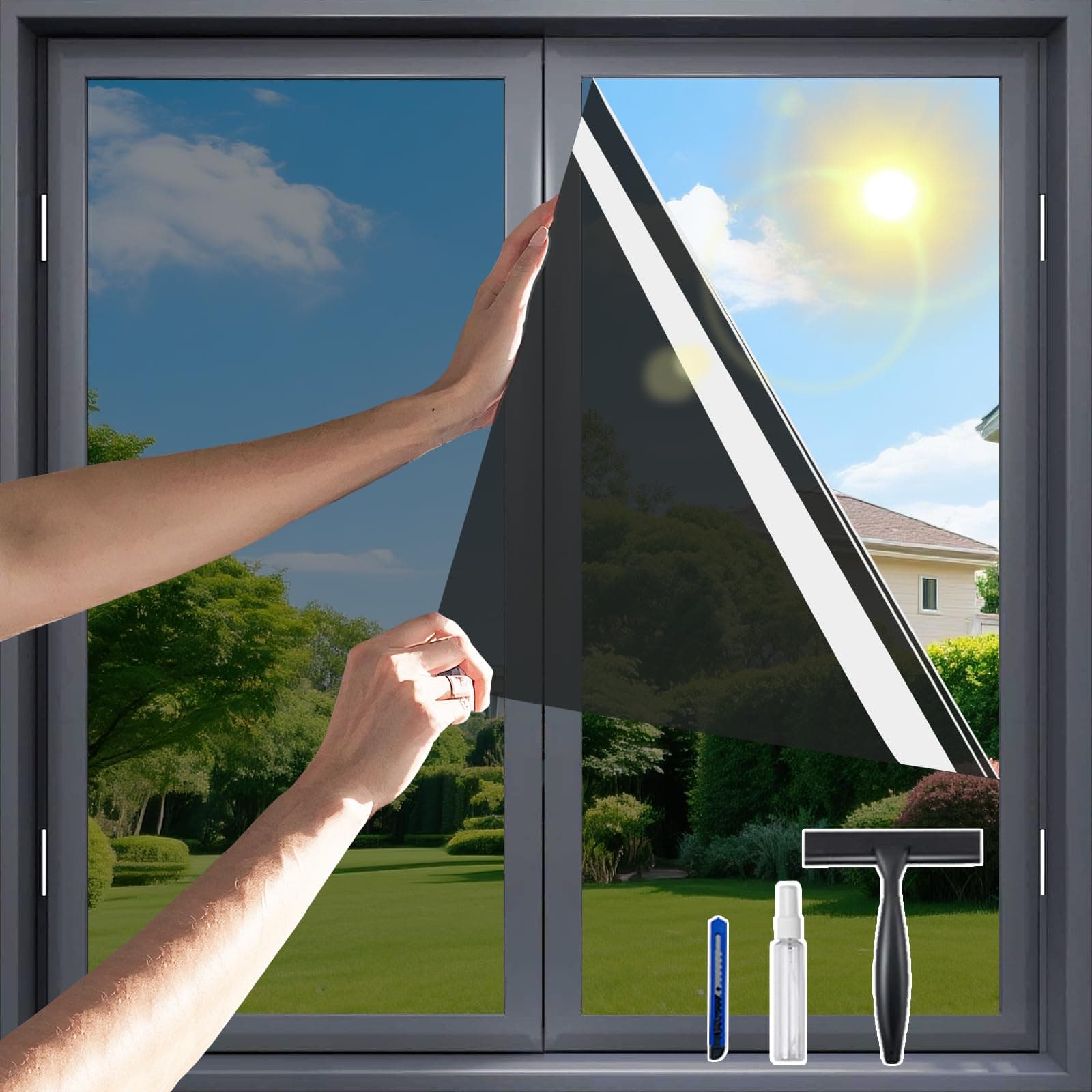 One Way Privacy Window Film with 3 Tools,Heat Control&UV Blocking Window Tint for Home,Premium PET Material Reflective Window Tint See Out Not in,Hurricane-Proof Film（Nocturnal Black 41.3"×78.7"）