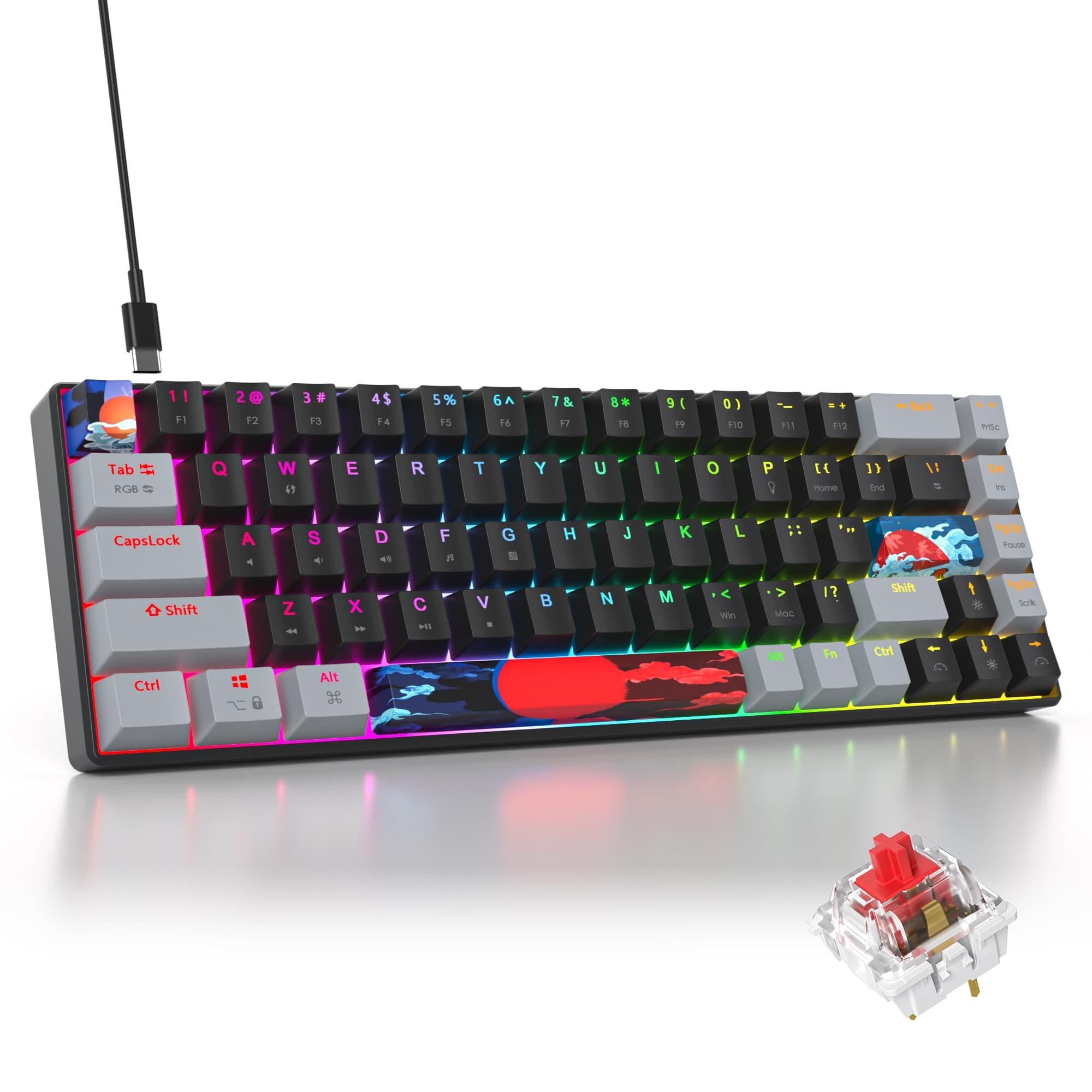 iRoboosta Black and Grey Mechanical Gaming Keyboard 65 Percent, Red Switch RGB Keyboard 65%, 68 Keys Small Wired Keyboard, PBT Keycaps Anti-Ghosting Mini Keyboard for Game/Office (68 Dark)