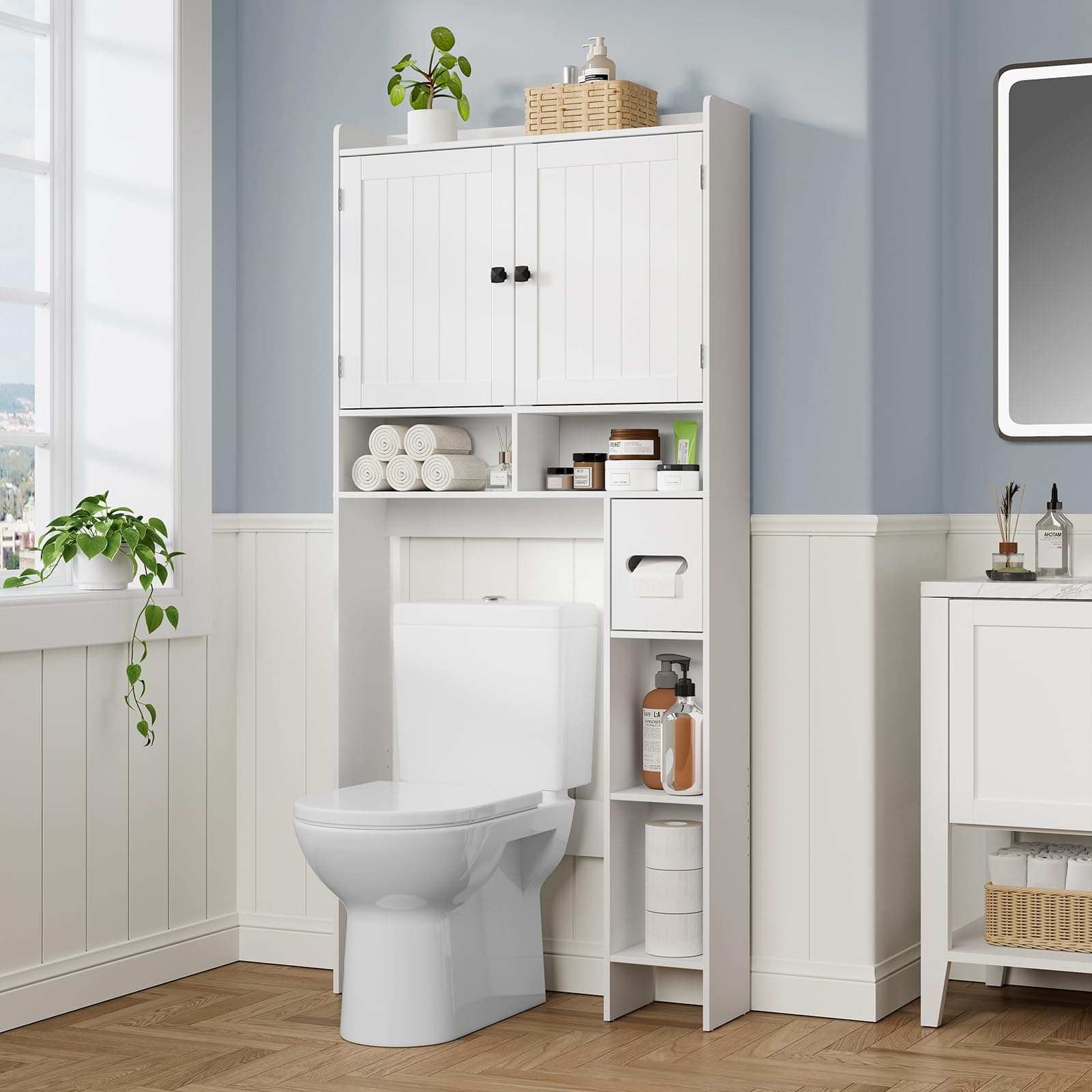 RRX Over The Toilet Storage Cabinet, Bathroom Toilet Paper Holder Stand,30.7" L x 7.87 "W x 65.7 "H Freestanding Toilet Shelf Space Saver for Bathroom, Restroom,Laundry, White