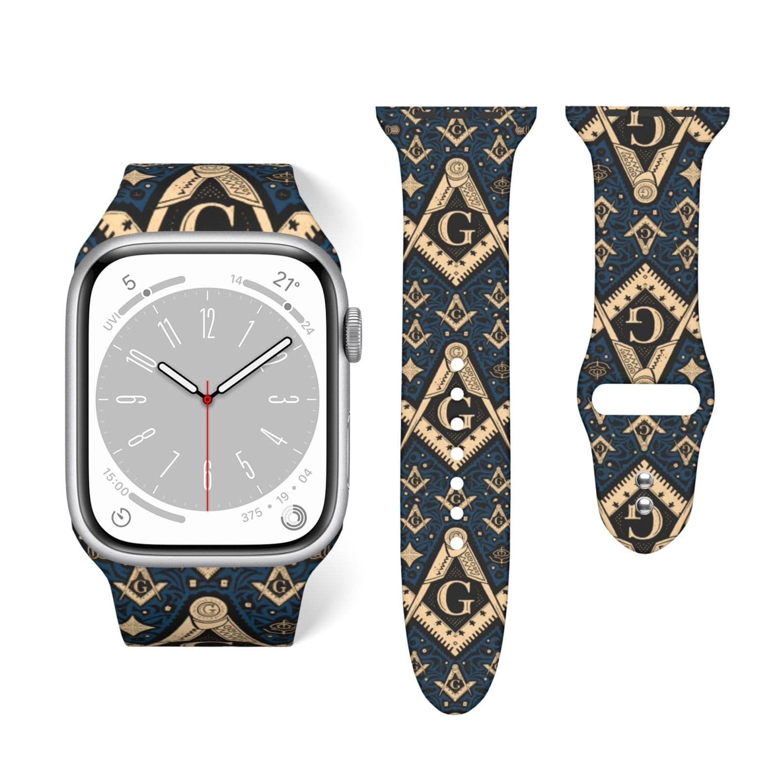 Silicone iWatch Band Breathable Replacement Strap Women Mens Gold Freemason Freemasonry Masonic Art Watch Bands Compatible with iwatch Series 6/5/4/3/2/1/SE - 38mm/40mm, 42mm/44mm